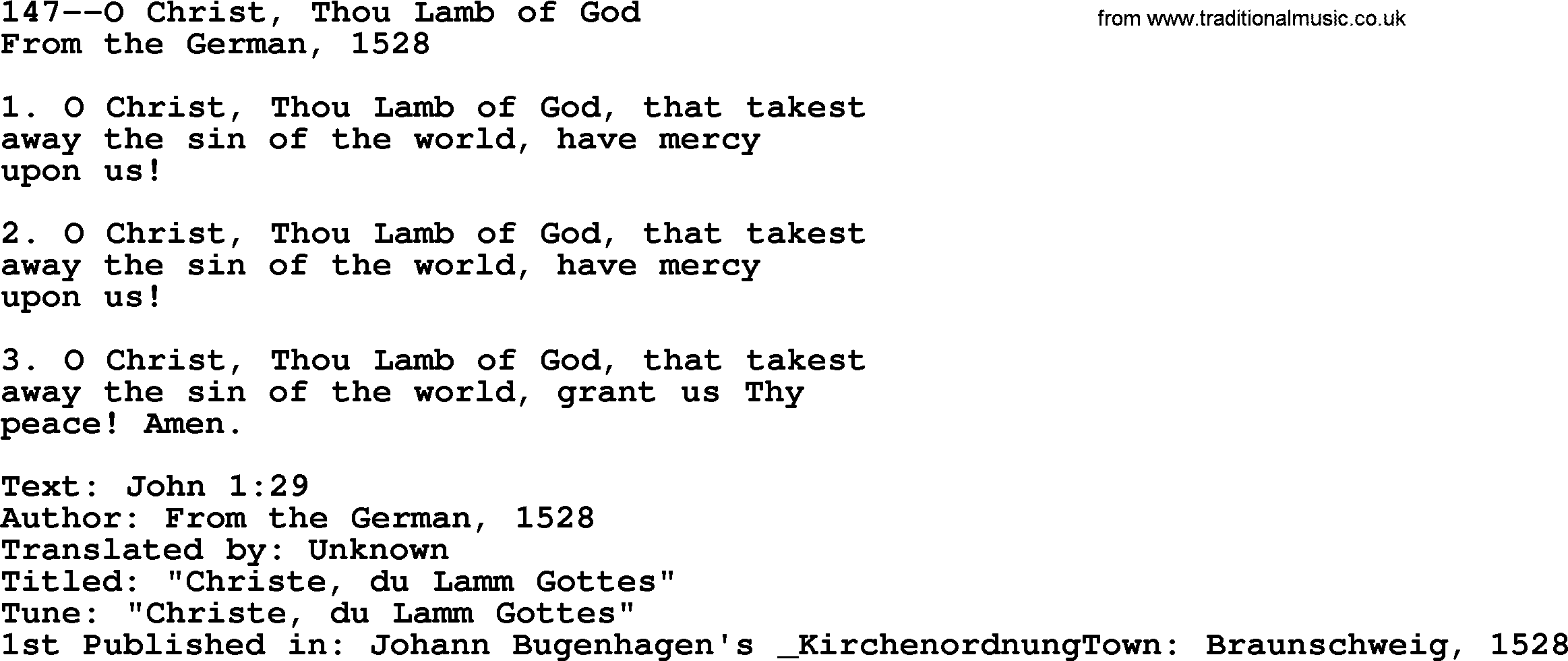 Lutheran Hymn: 147--O Christ, Thou Lamb of God.txt lyrics with PDF