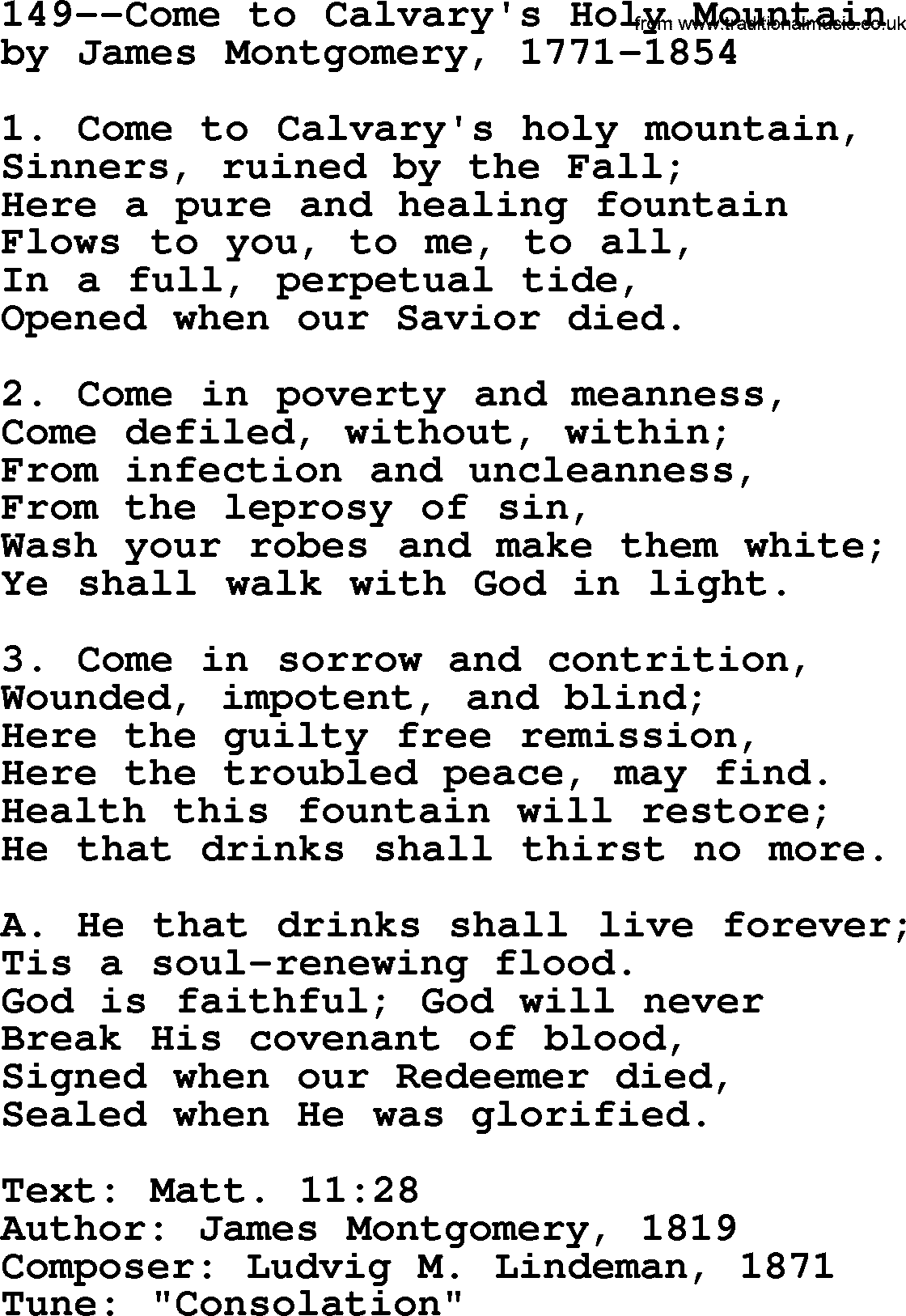 Lutheran Hymn: 149--Come to Calvary's Holy Mountain.txt lyrics with PDF