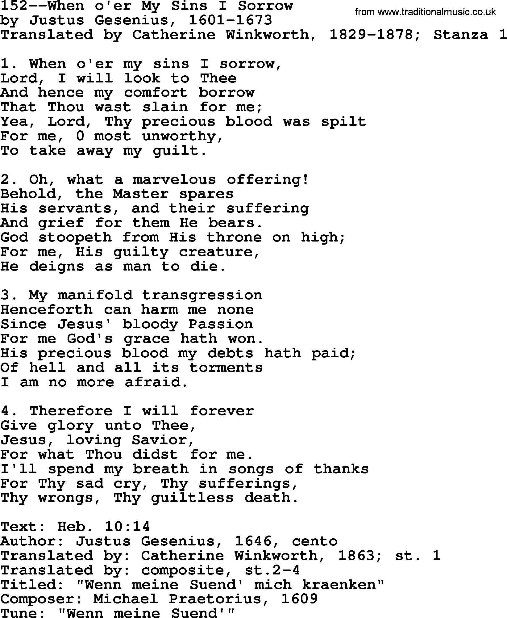 Lutheran Hymn: 152--When o'er My Sins I Sorrow.txt lyrics with PDF