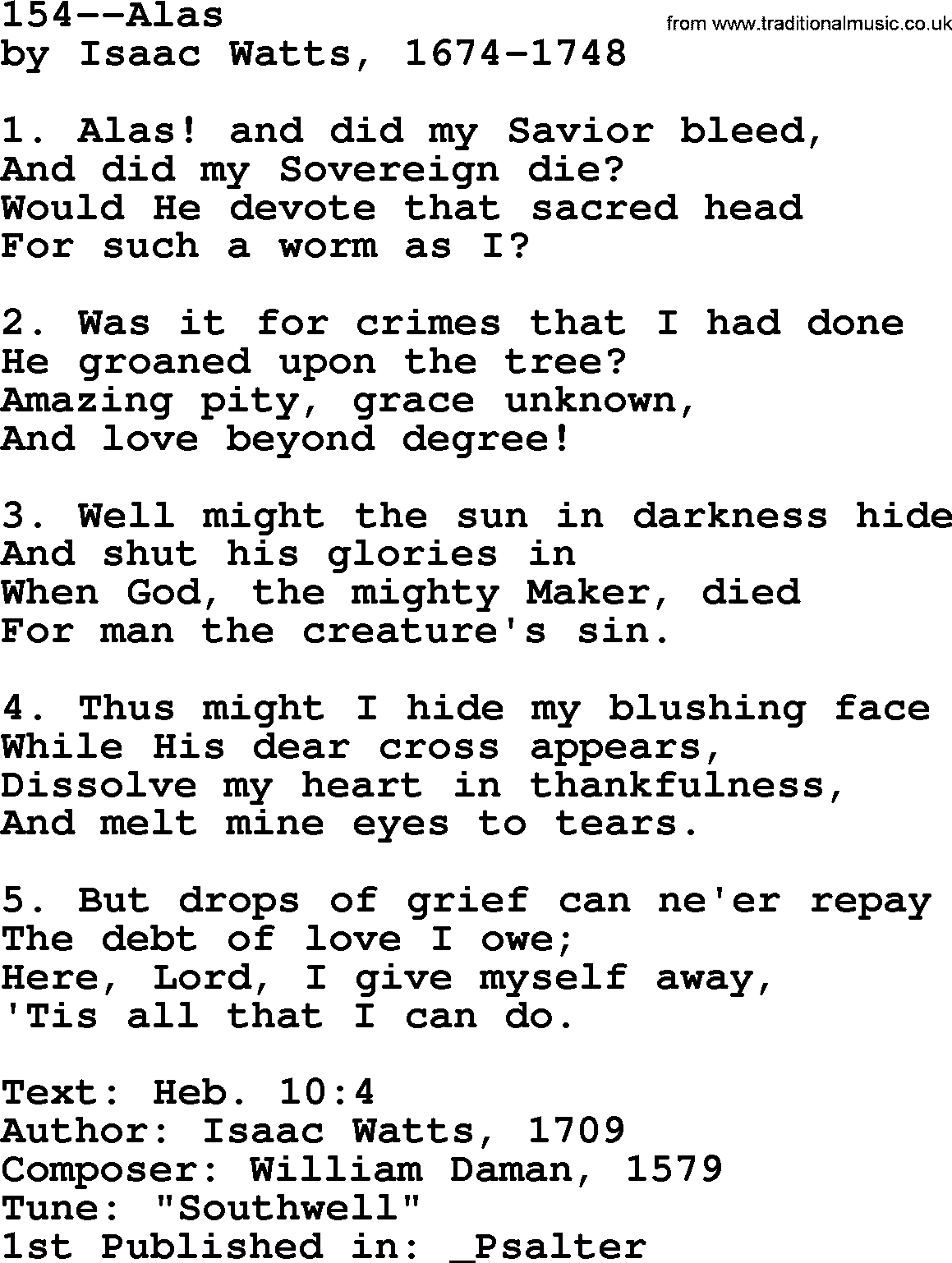 Lutheran Hymn: 154--Alas.txt lyrics with PDF