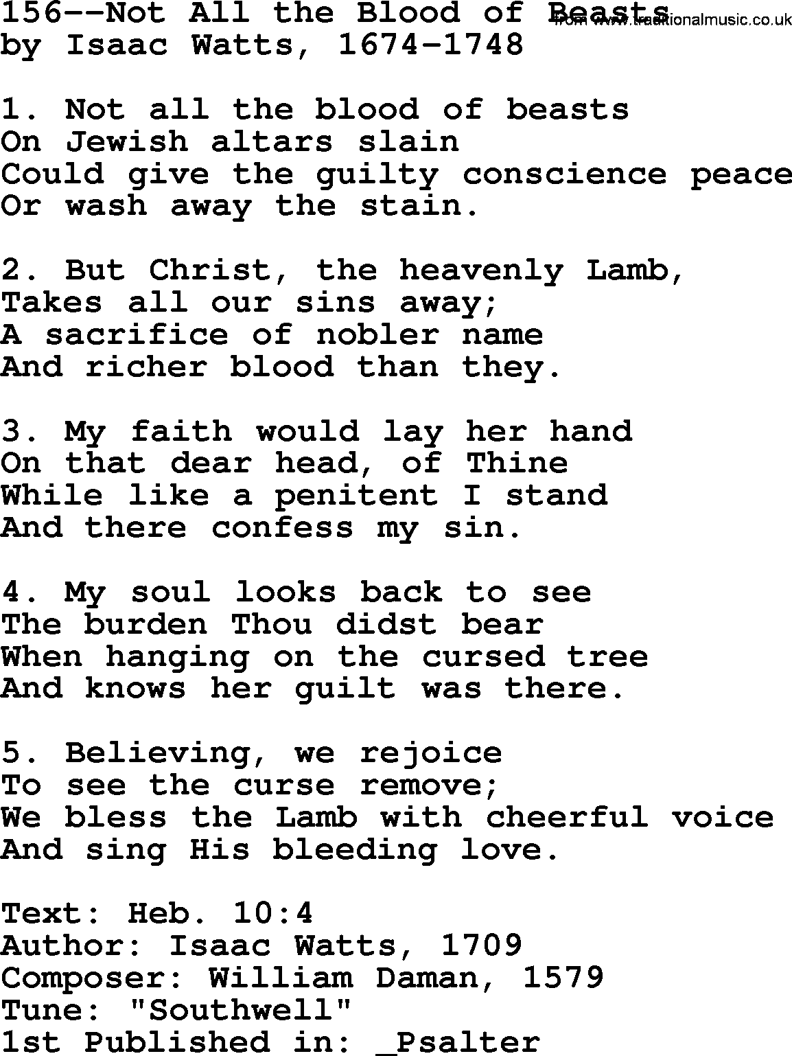 Lutheran Hymn: 156--Not All the Blood of Beasts.txt lyrics with PDF