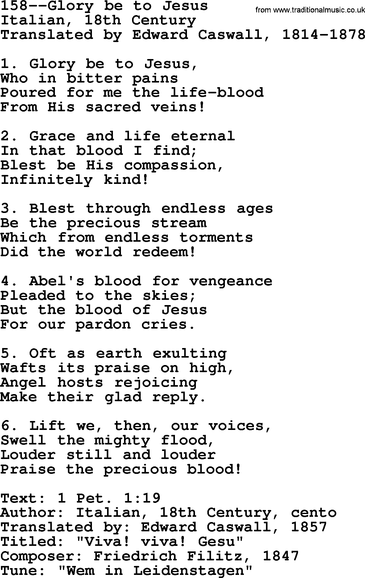 Lutheran Hymn: 158--Glory be to Jesus.txt lyrics with PDF