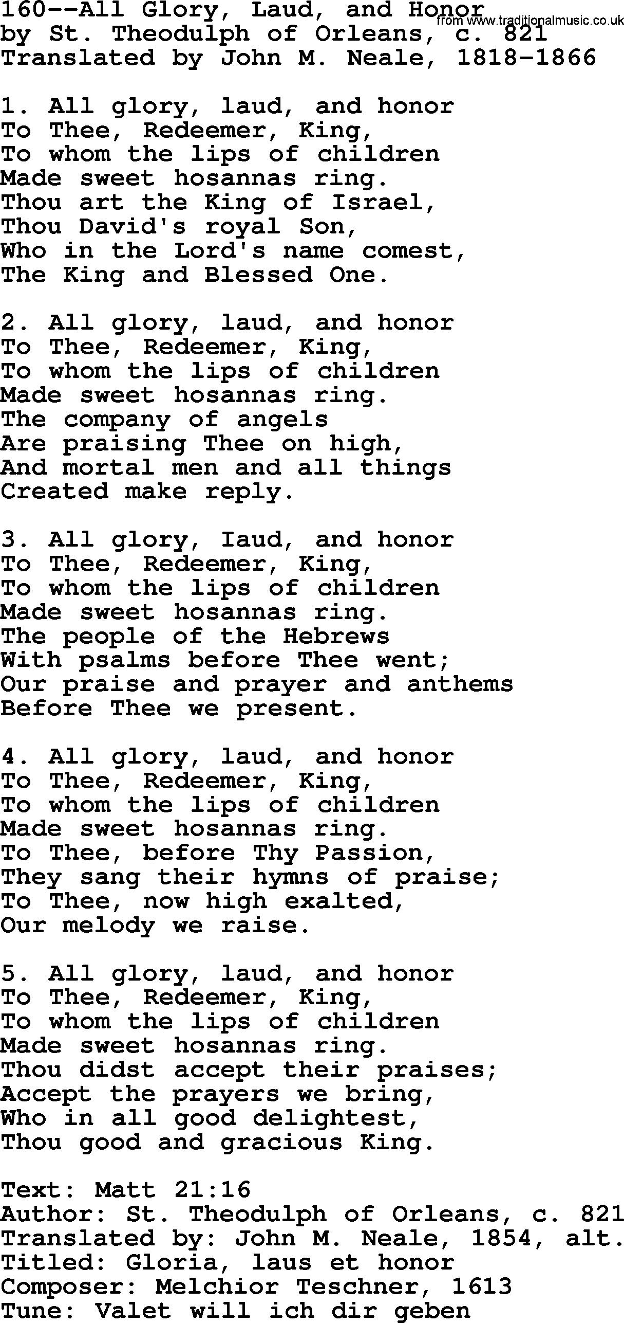 Lutheran Hymn: 160--All Glory, Laud, and Honor.txt lyrics with PDF