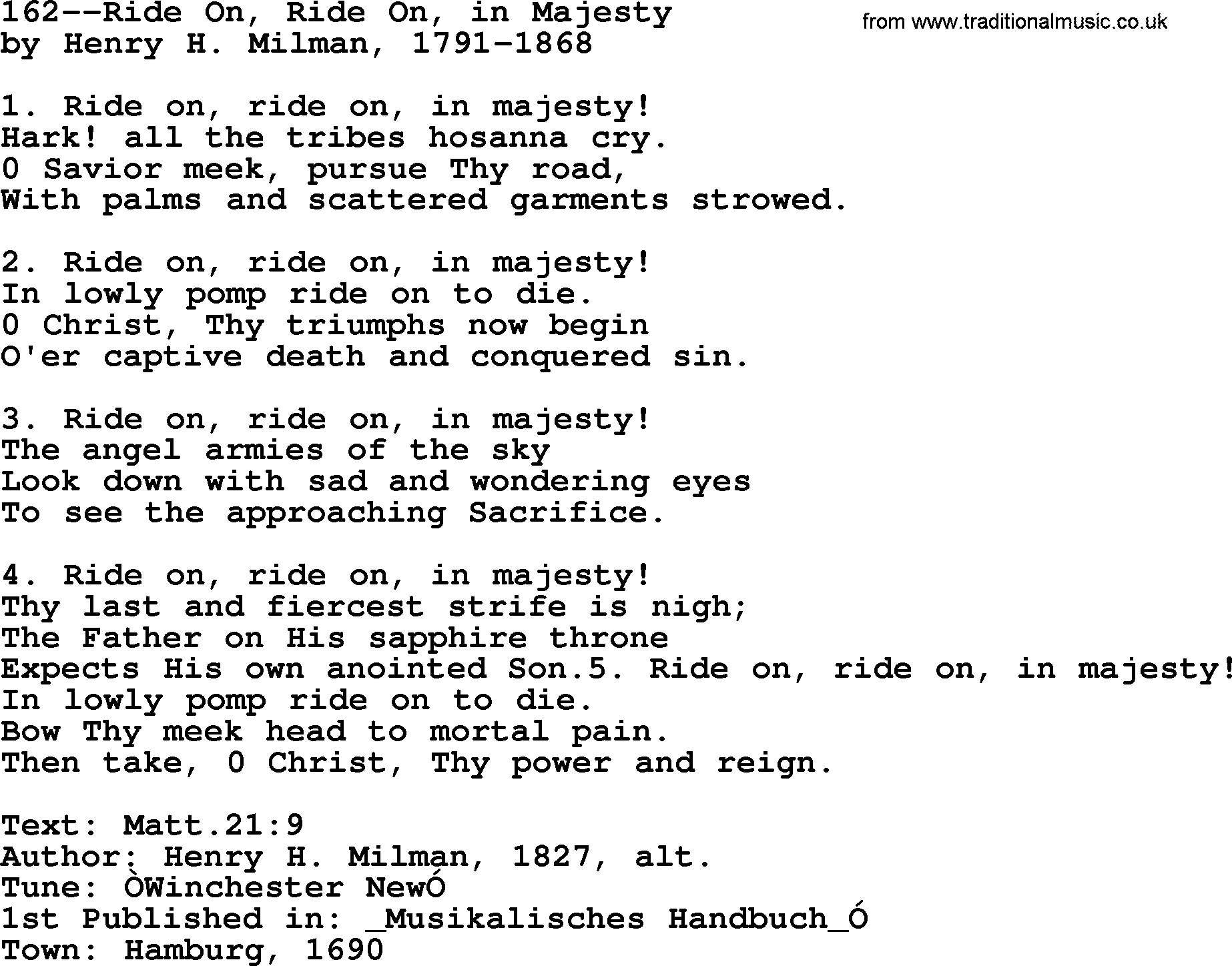 Lutheran Hymn: 162--Ride On, Ride On, in Majesty.txt lyrics with PDF