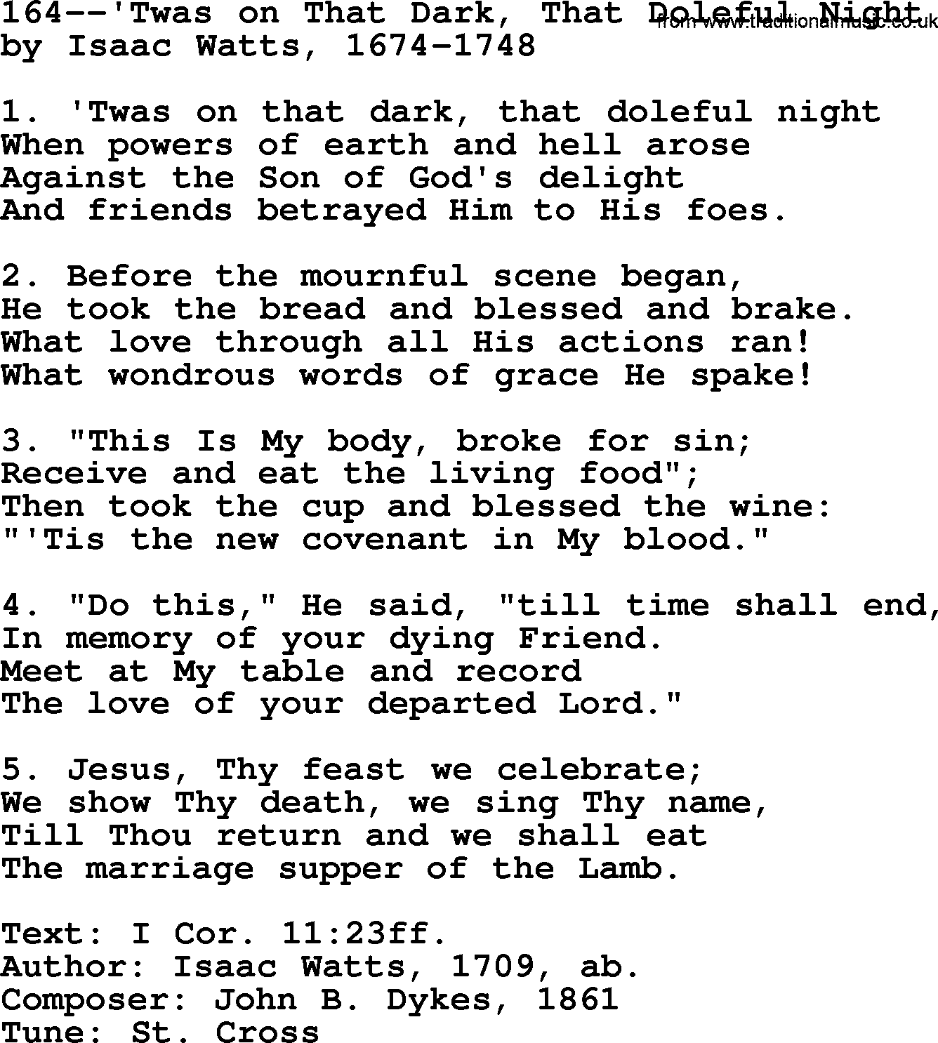 Lutheran Hymn: 164--'Twas on That Dark, That Doleful Night.txt lyrics with PDF