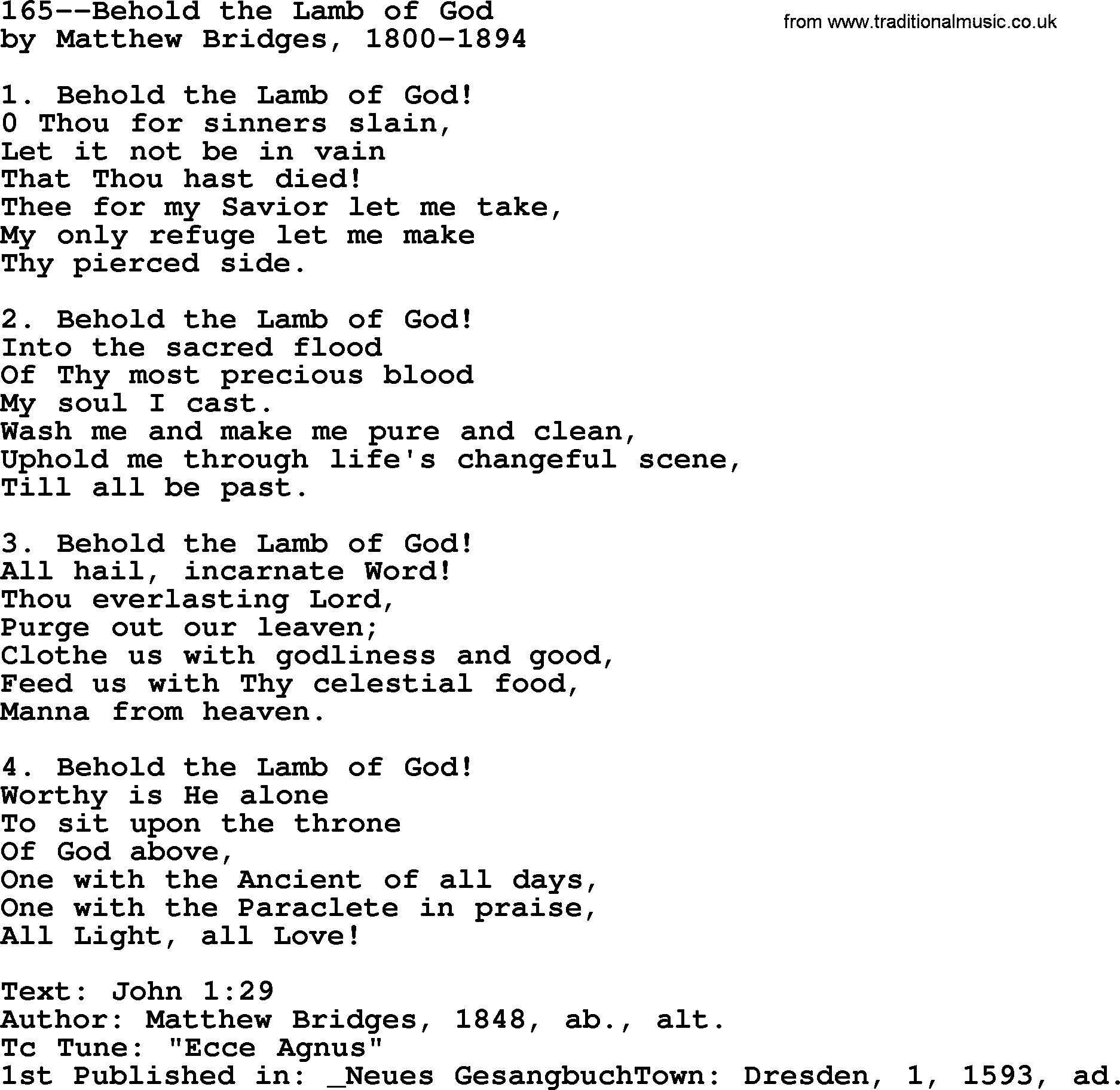 Lutheran Hymn: 165--Behold the Lamb of God.txt lyrics with PDF
