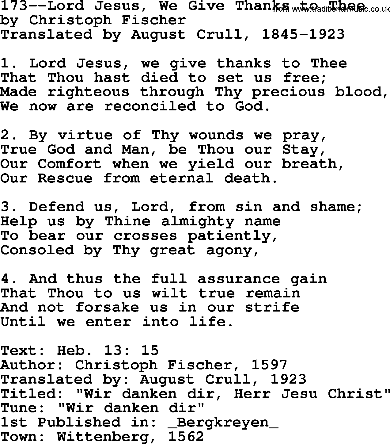 Lutheran Hymn: 173--Lord Jesus, We Give Thanks to Thee.txt lyrics with PDF