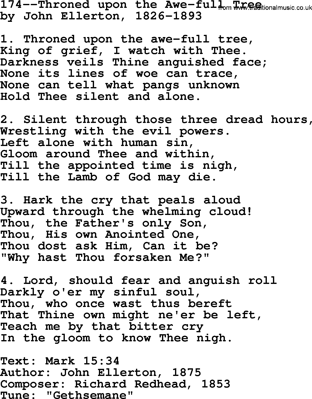 Lutheran Hymn: 174--Throned upon the Awe-full Tree.txt lyrics with PDF