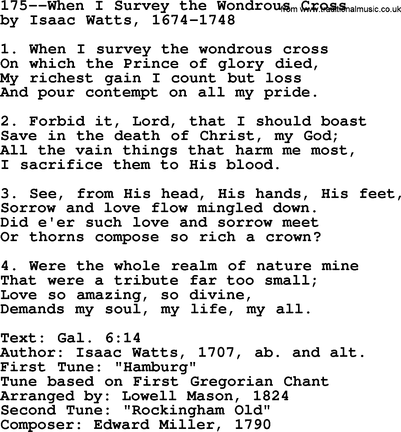 Lutheran Hymn: 175--When I Survey the Wondrous Cross.txt lyrics with PDF