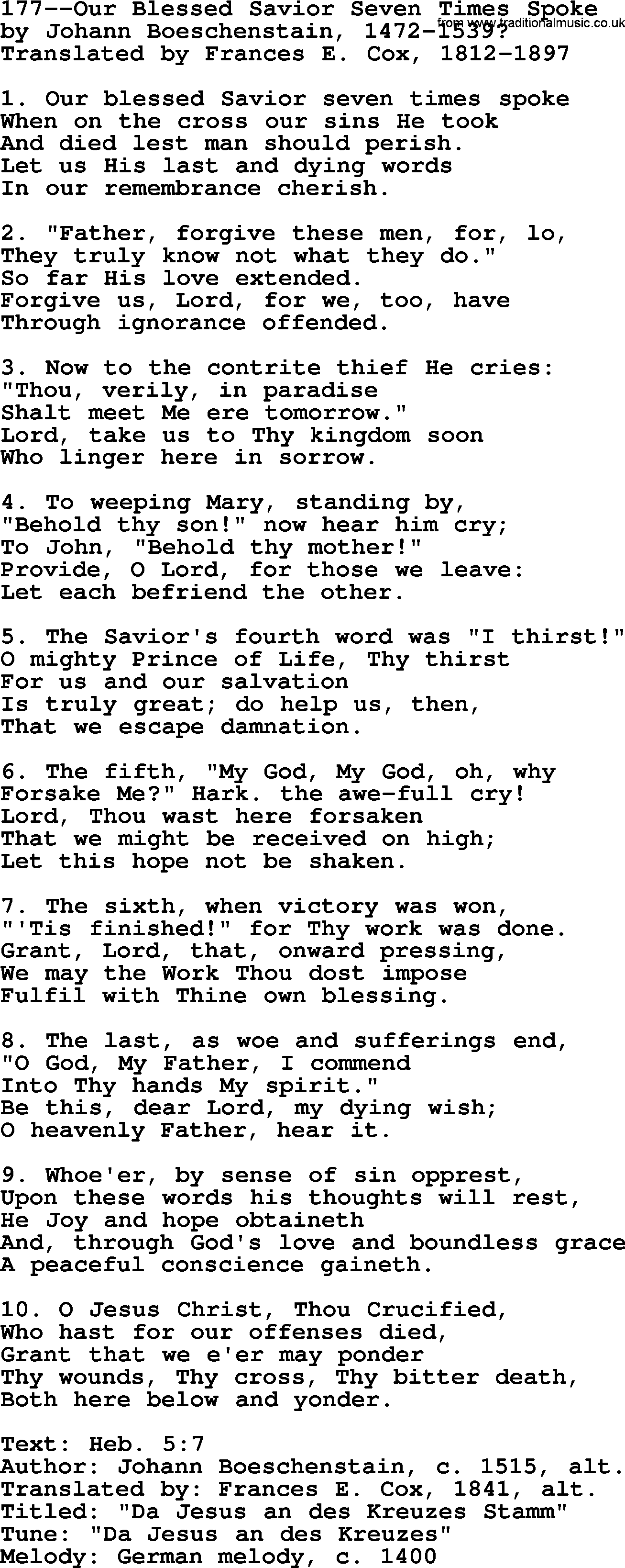 Lutheran Hymn: 177--Our Blessed Savior Seven Times Spoke.txt lyrics with PDF