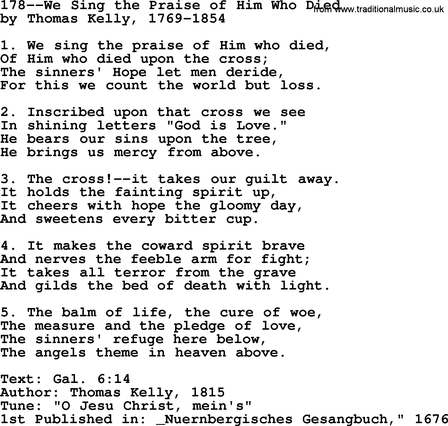 Lutheran Hymn: 178--We Sing the Praise of Him Who Died.txt lyrics with PDF