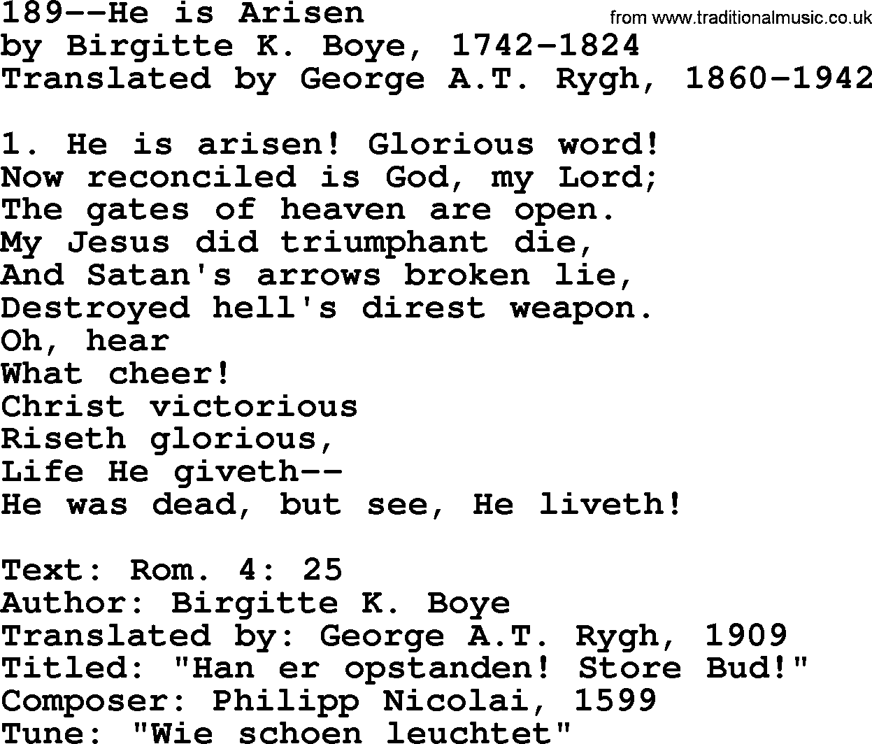 Lutheran Hymn: 189--He is Arisen.txt lyrics with PDF