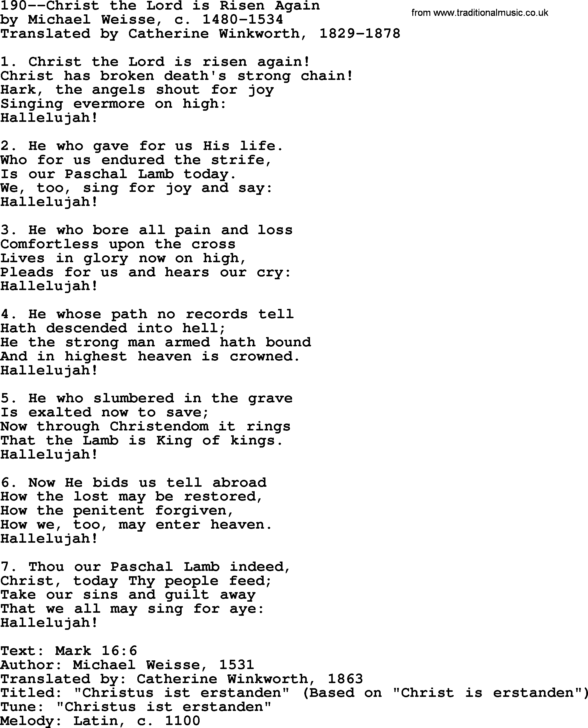 Lutheran Hymn: 190--Christ the Lord is Risen Again.txt lyrics with PDF
