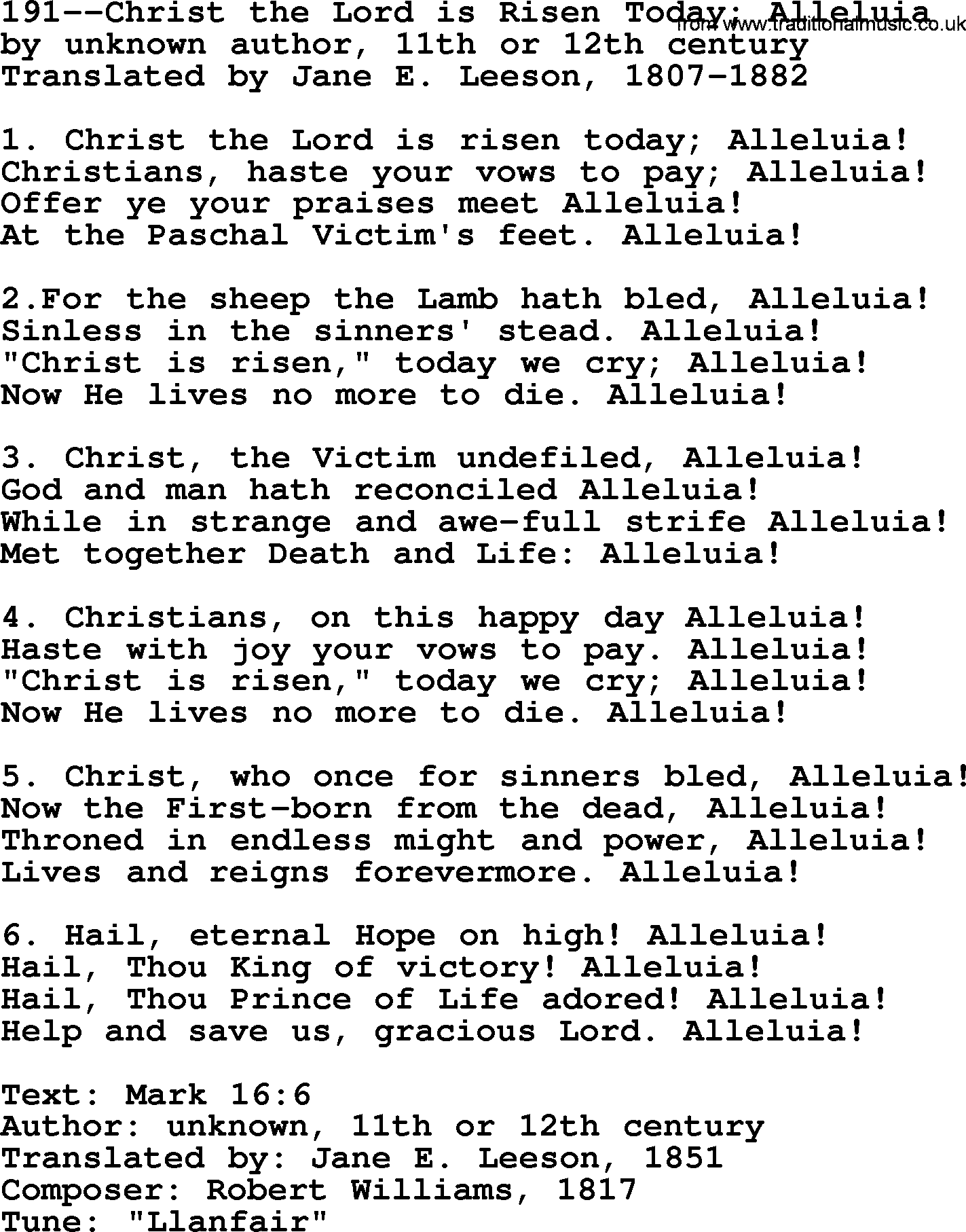 Lutheran Hymn: 191--Christ the Lord is Risen Today; Alleluia.txt lyrics with PDF