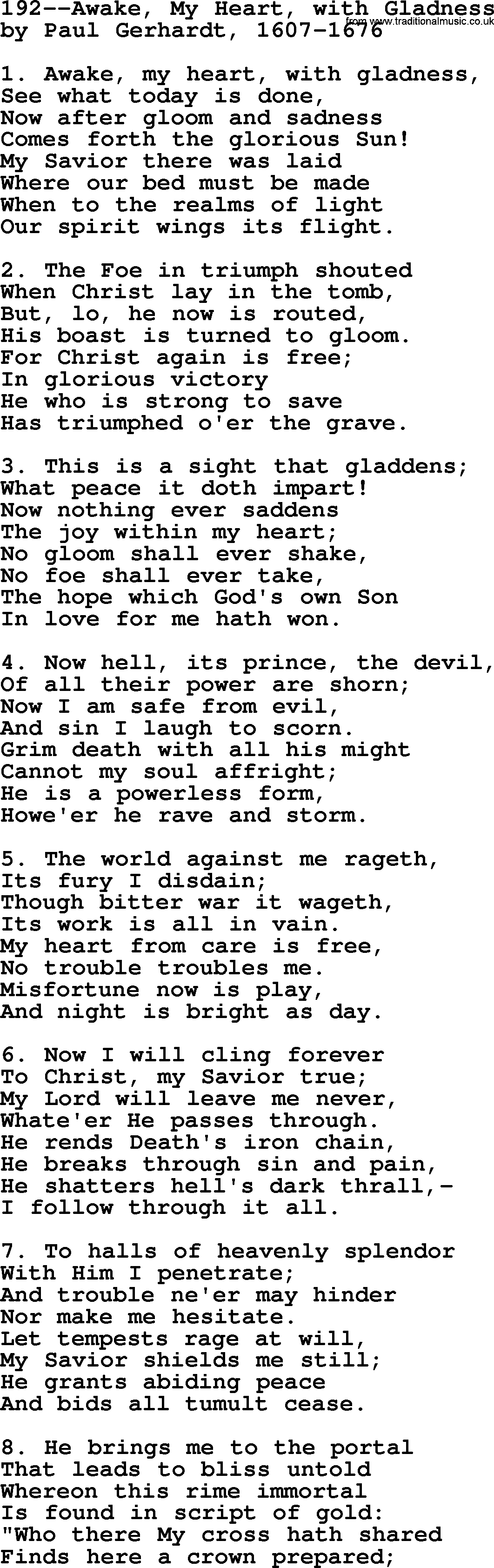 Lutheran Hymn: 192--Awake, My Heart, with Gladness.txt lyrics with PDF