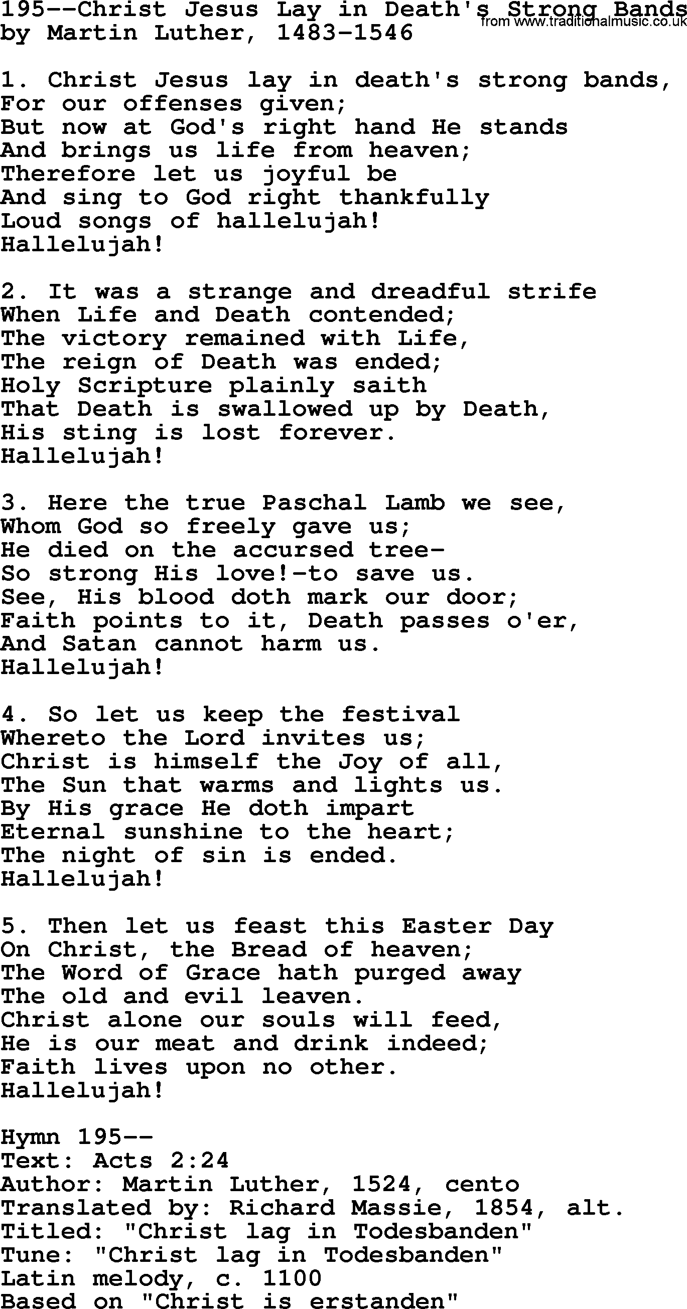 Lutheran Hymn: 195--Christ Jesus Lay in Death's Strong Bands.txt lyrics with PDF