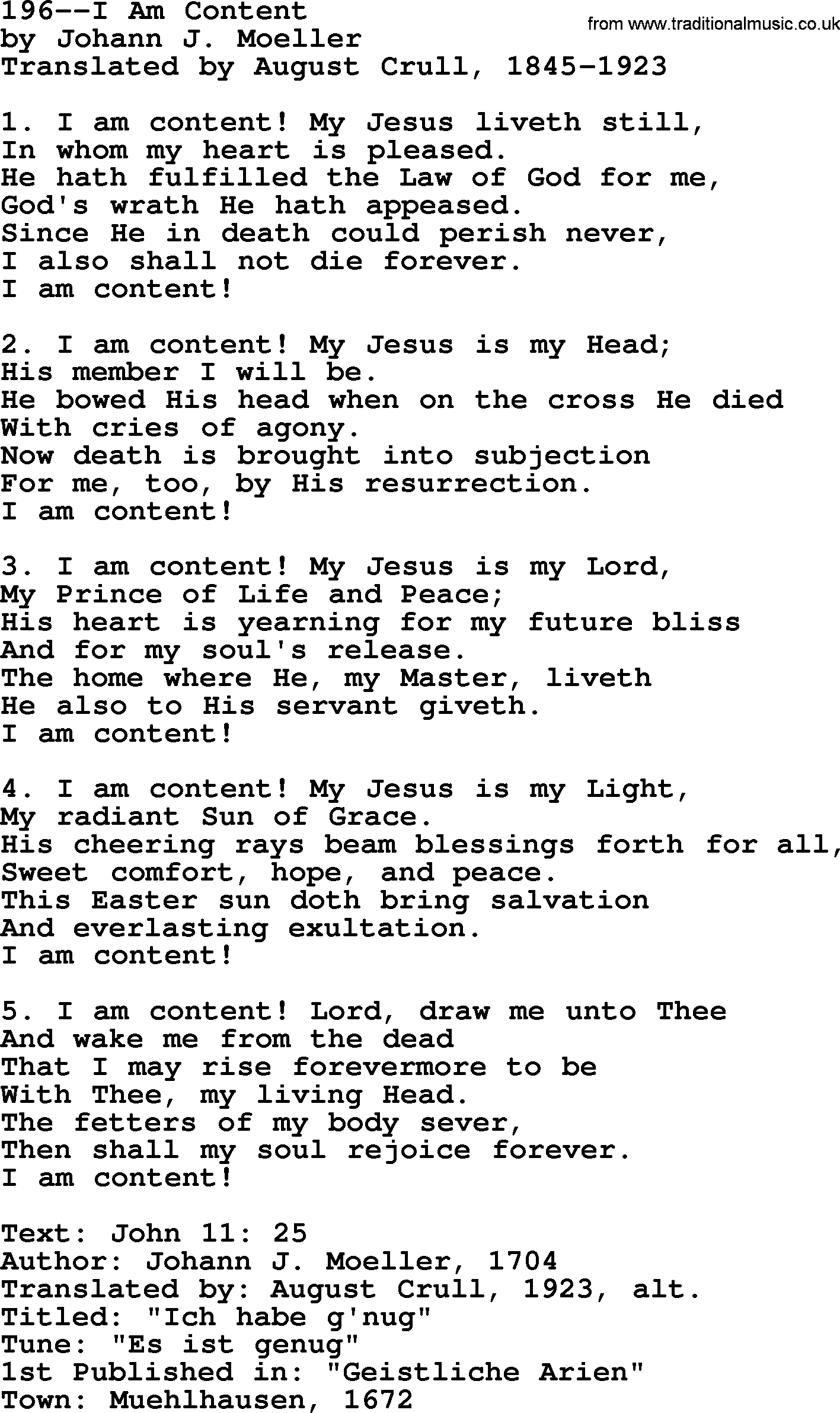 Lutheran Hymn: 196--I Am Content.txt lyrics with PDF