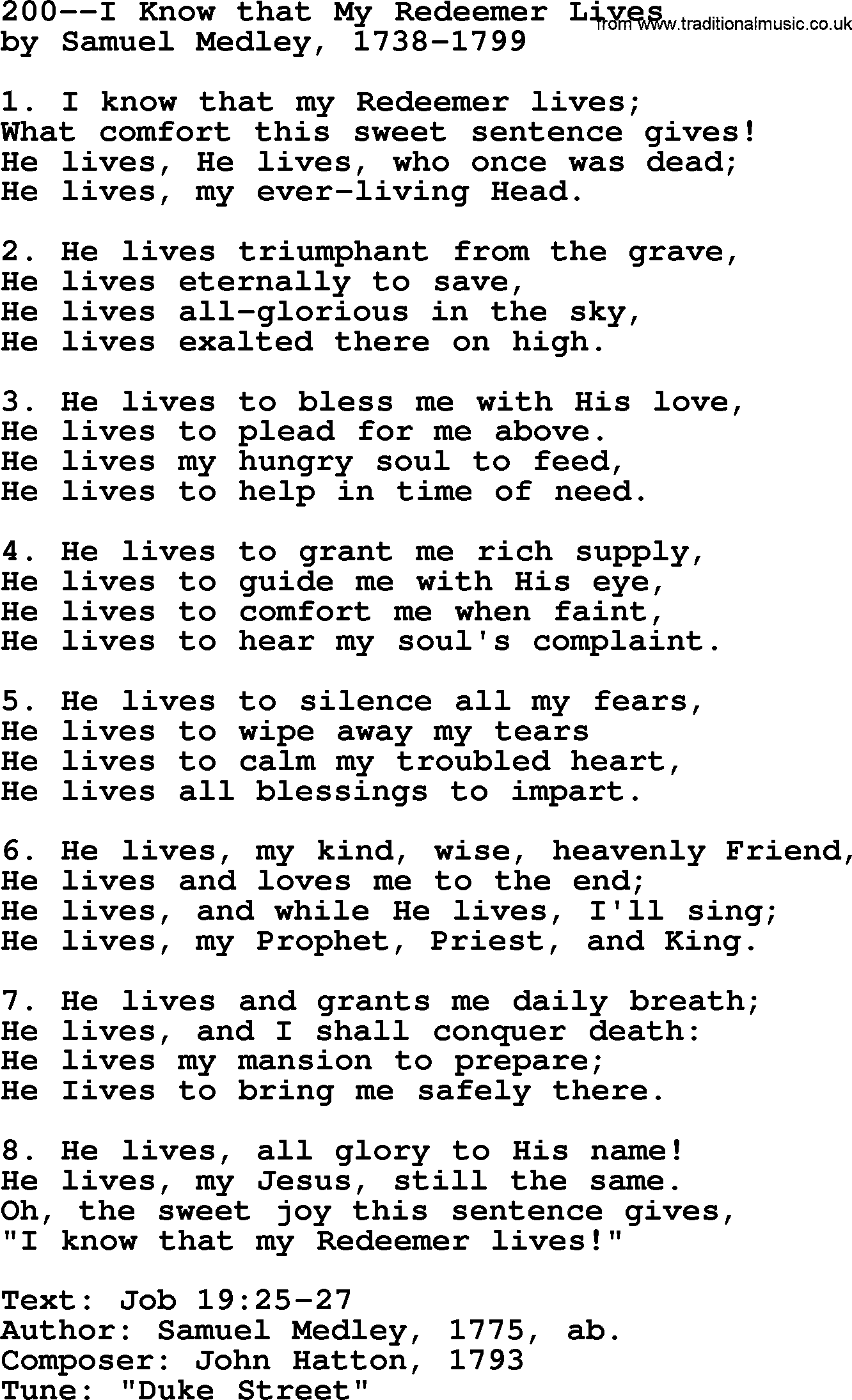 Lutheran Hymn: 200--I Know that My Redeemer Lives.txt lyrics with PDF