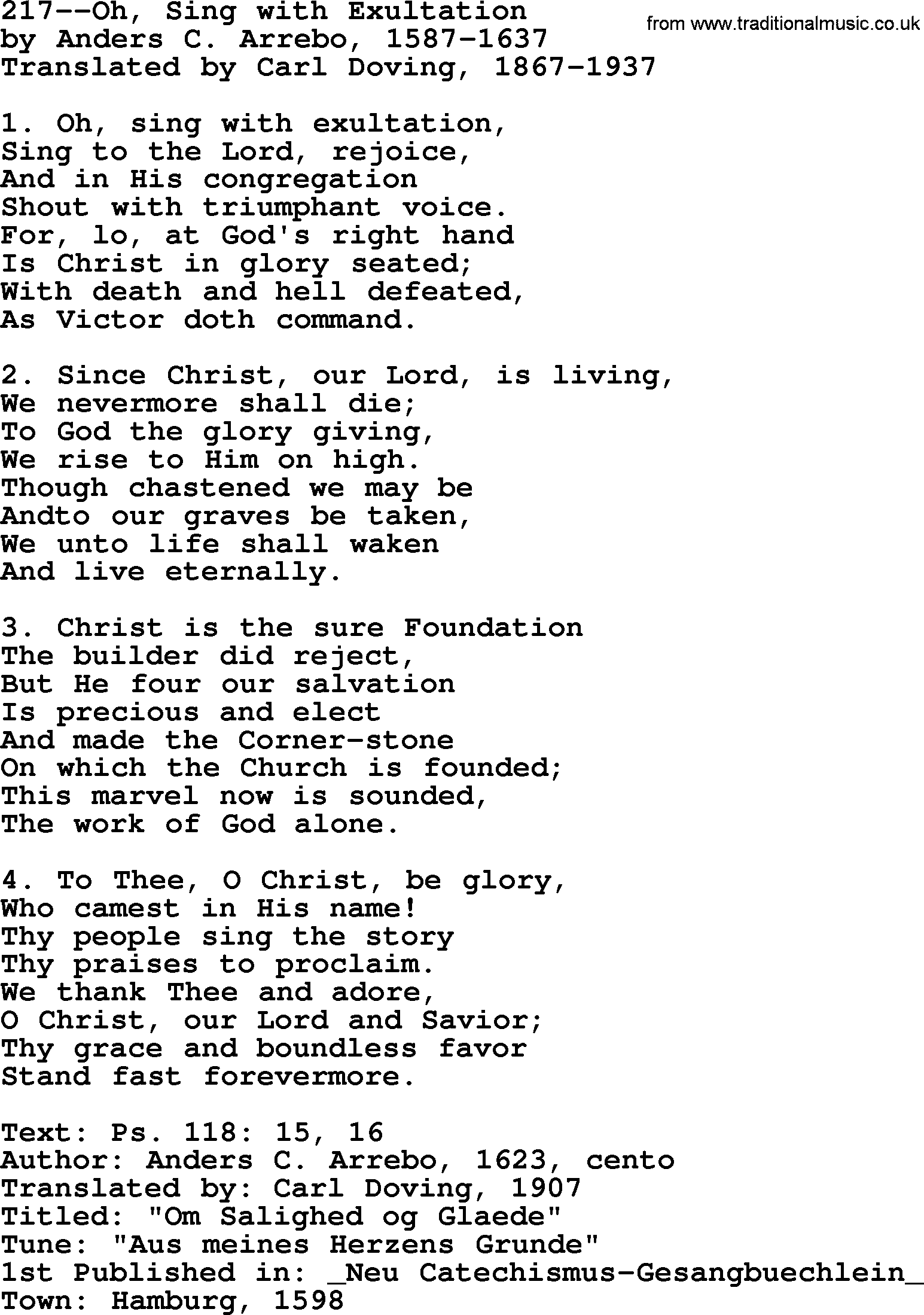 Lutheran Hymn: 217--Oh, Sing with Exultation.txt lyrics with PDF