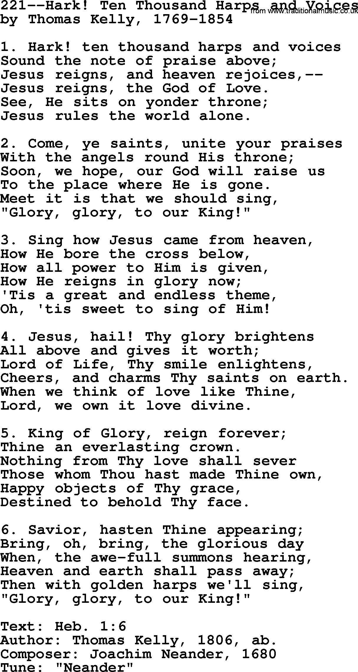 Lutheran Hymn: 221--Hark! Ten Thousand Harps and Voices.txt lyrics with PDF