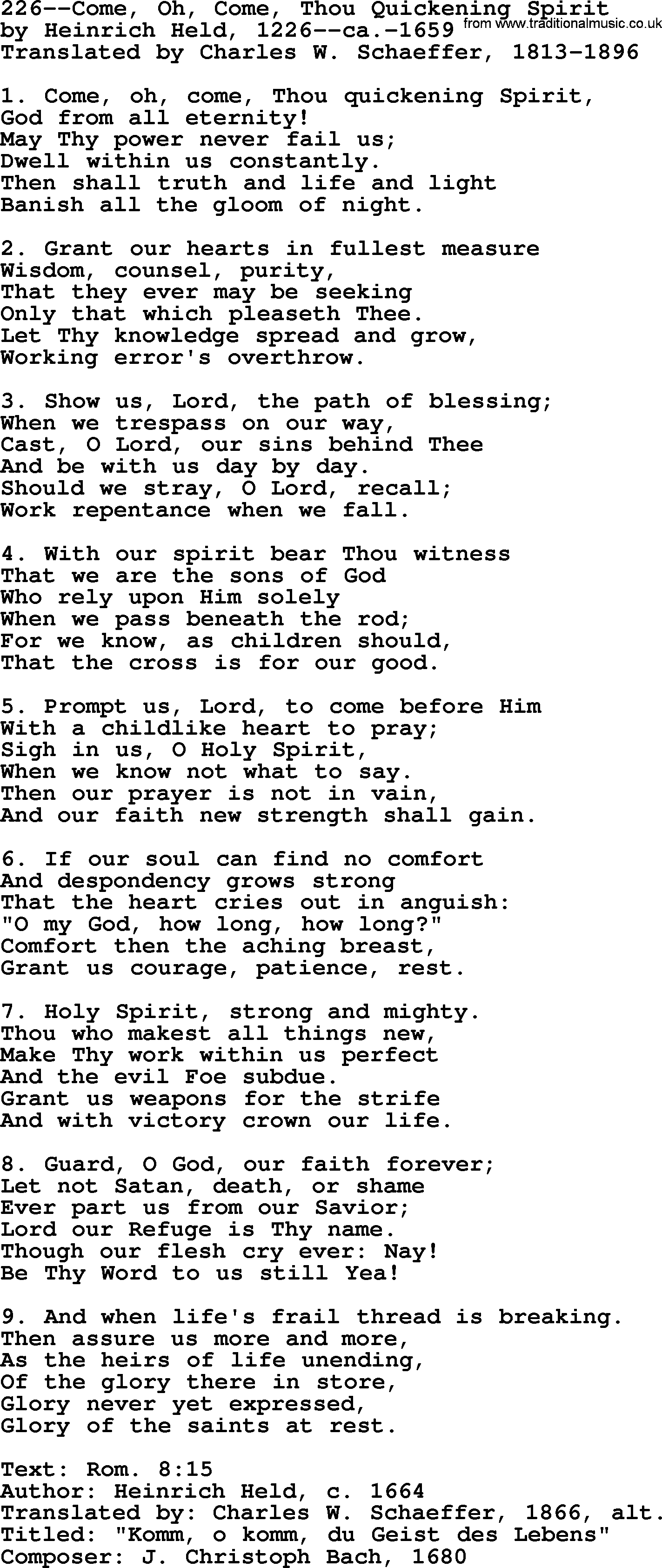 Lutheran Hymn: 226--Come, Oh, Come, Thou Quickening Spirit.txt lyrics with PDF