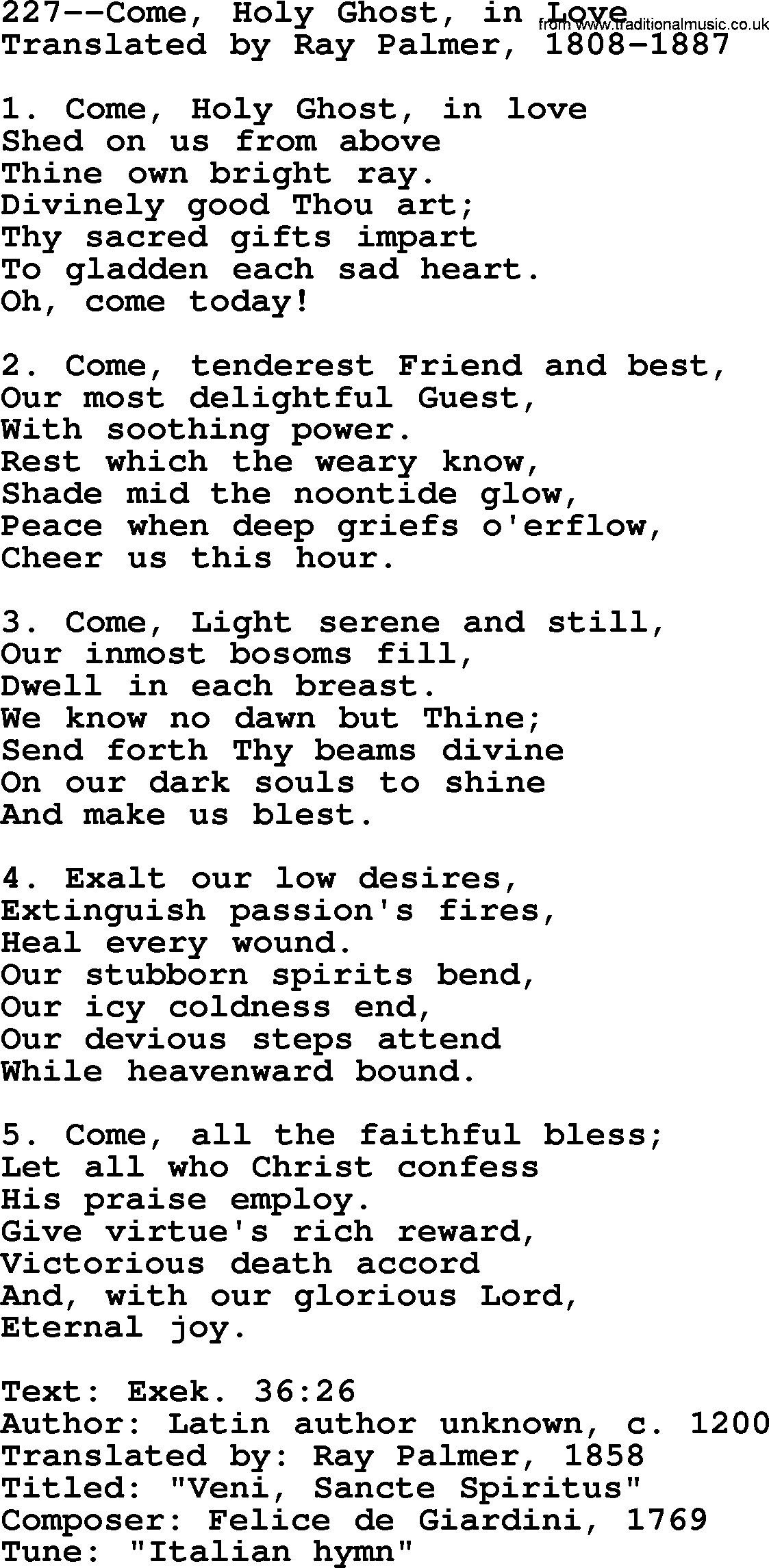 Lutheran Hymn: 227--Come, Holy Ghost, in Love.txt lyrics with PDF