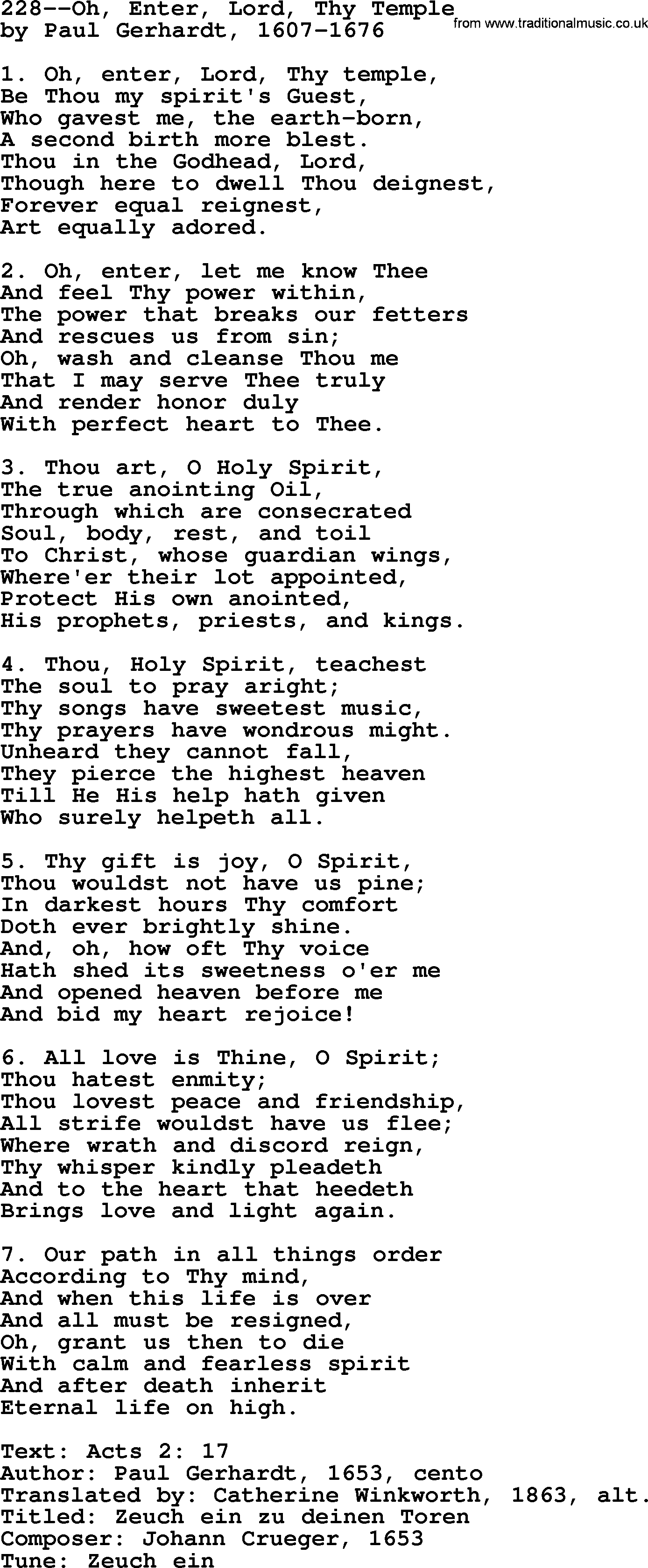 Lutheran Hymn: 228--Oh, Enter, Lord, Thy Temple.txt lyrics with PDF