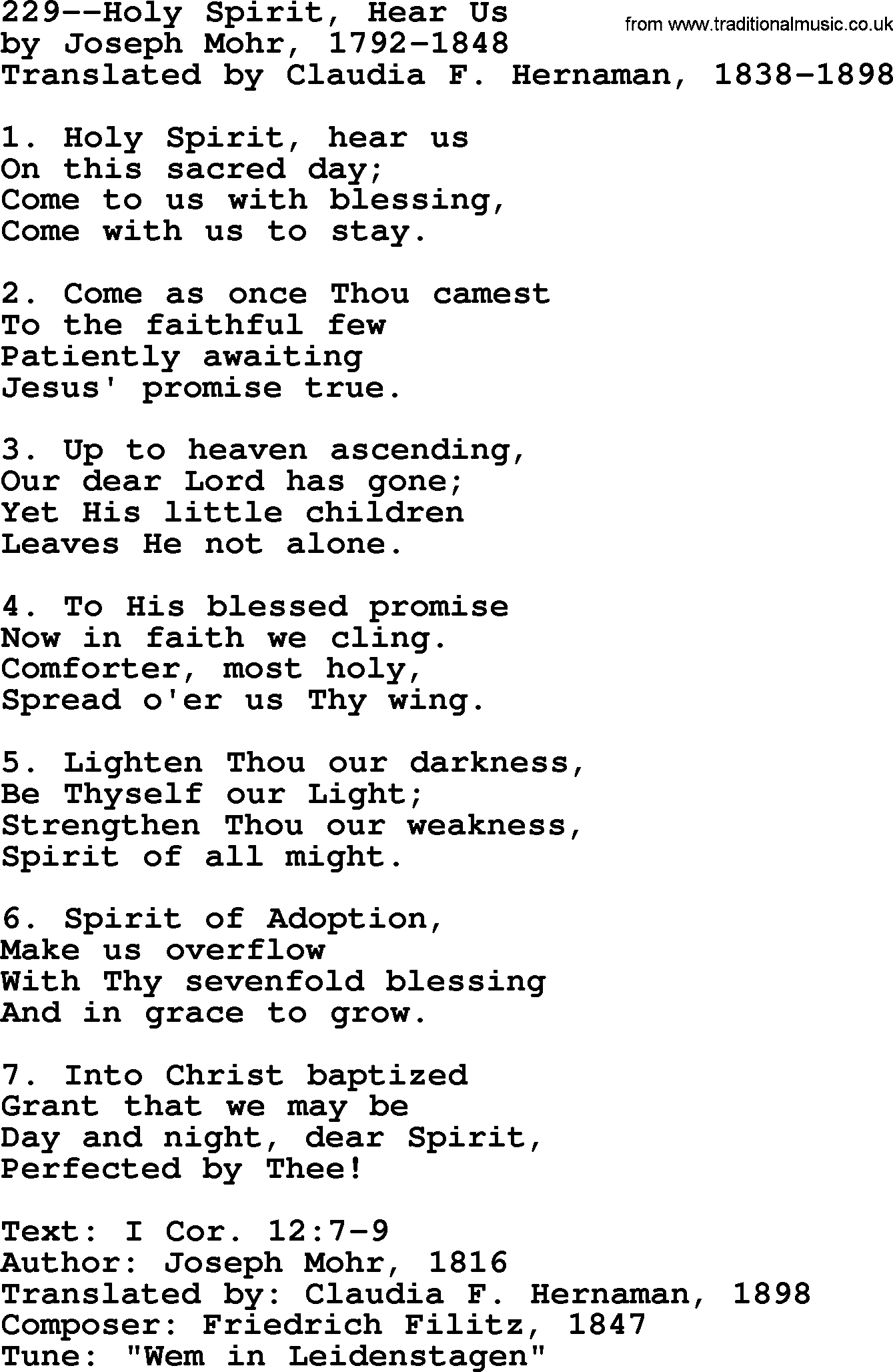 Lutheran Hymn: 229--Holy Spirit, Hear Us.txt lyrics with PDF