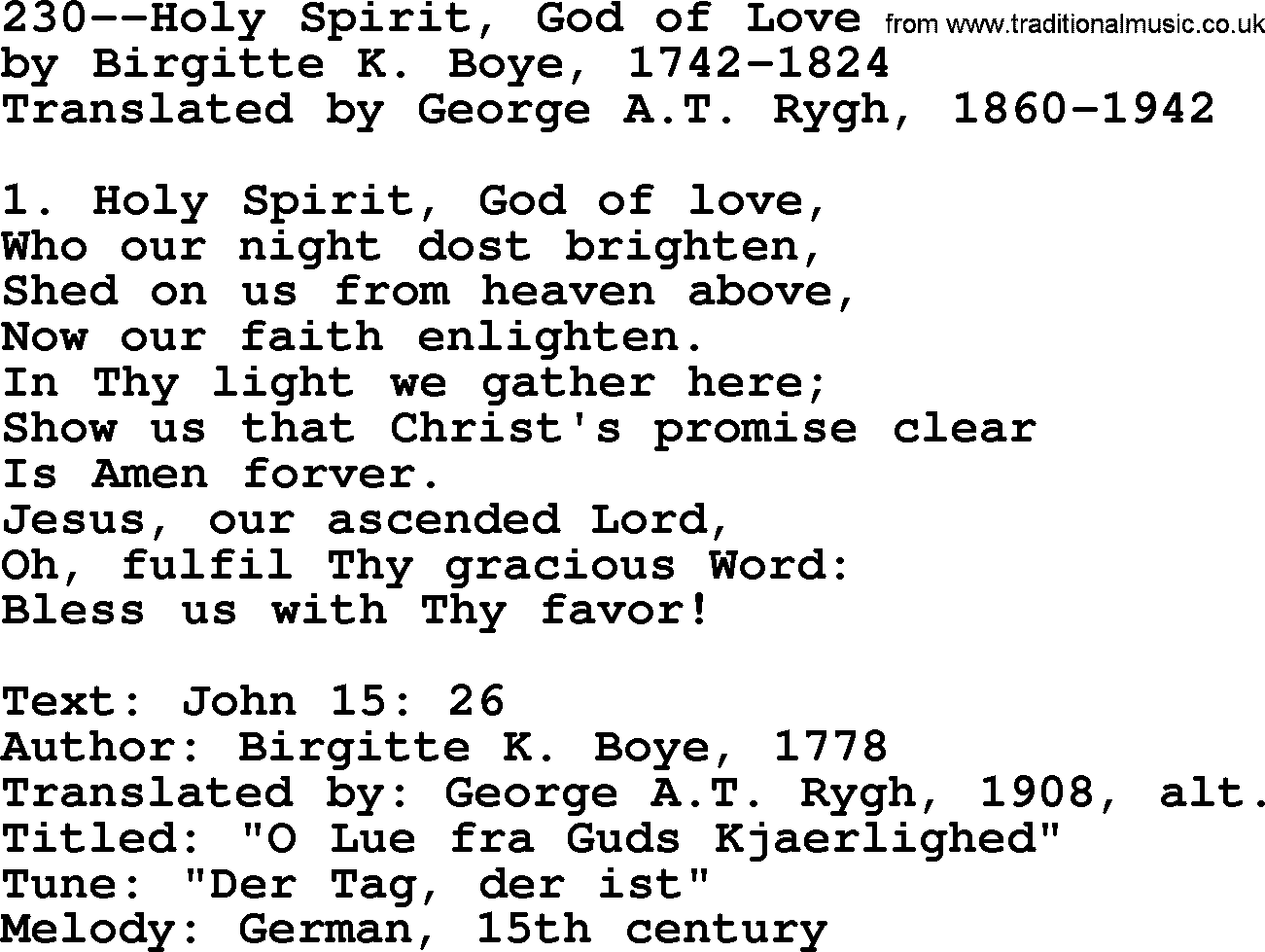 Lutheran Hymn: 230--Holy Spirit, God of Love.txt lyrics with PDF