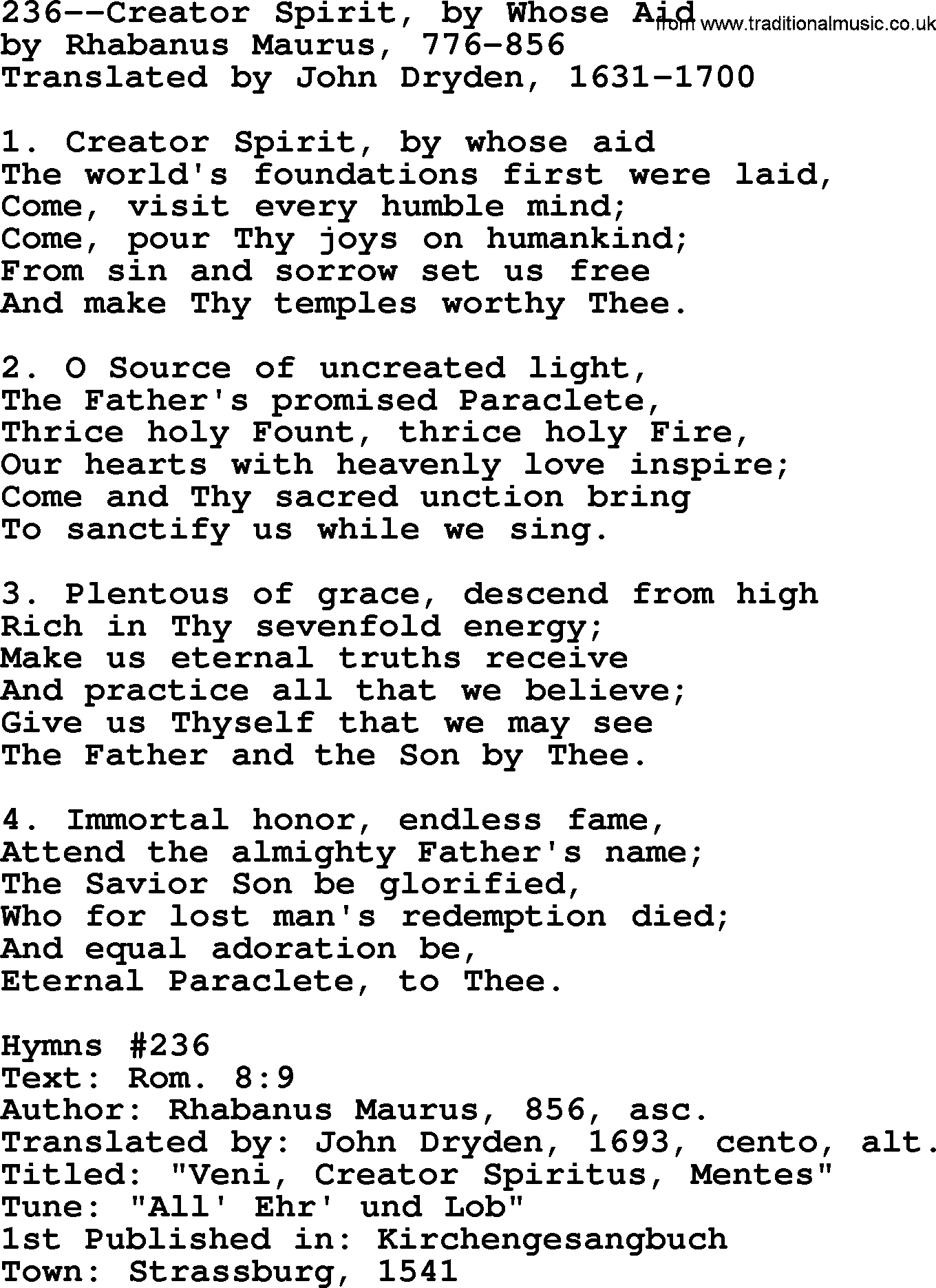 Lutheran Hymn: 236--Creator Spirit, by Whose Aid.txt lyrics with PDF
