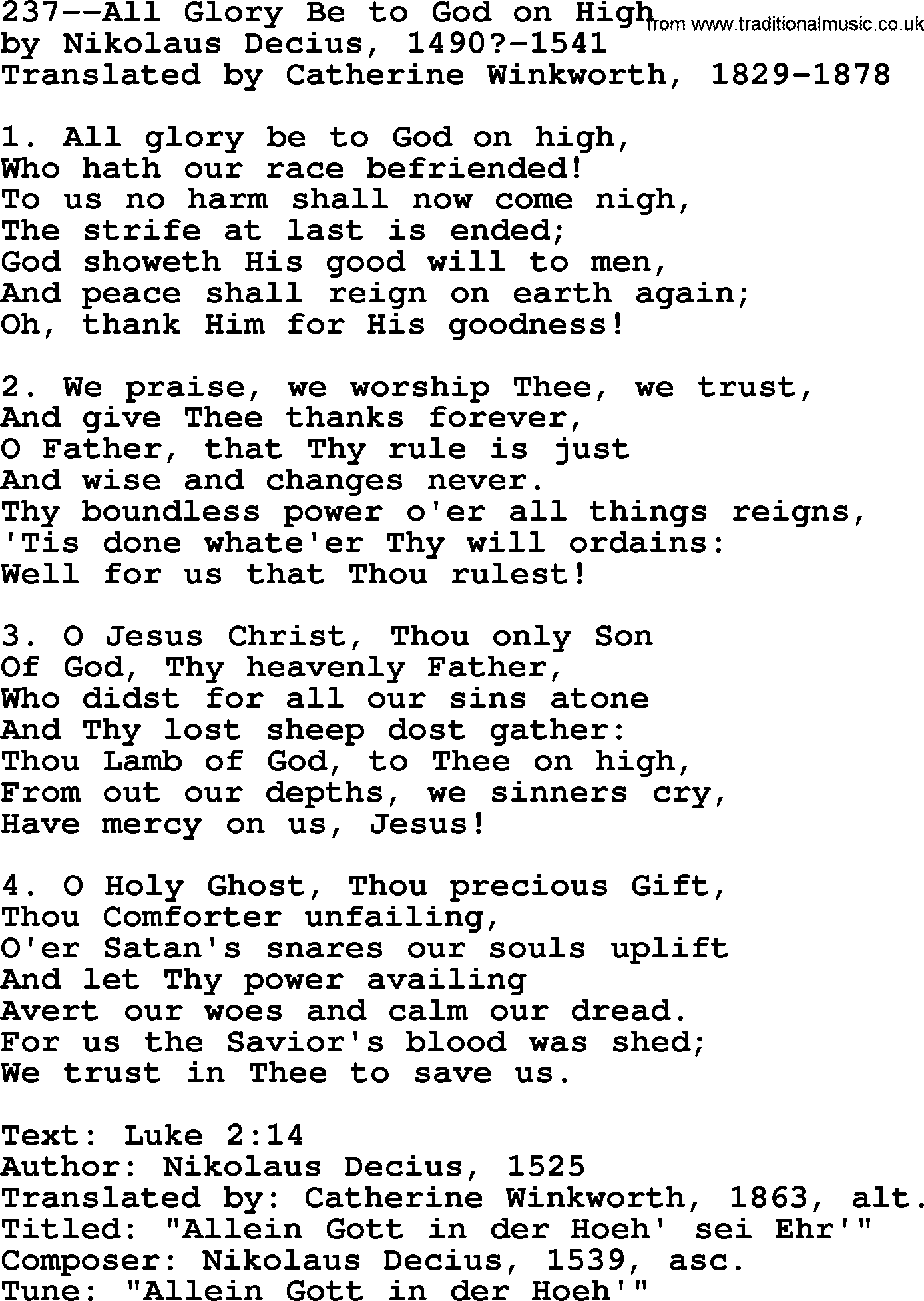 Lutheran Hymn: 237--All Glory Be to God on High.txt lyrics with PDF