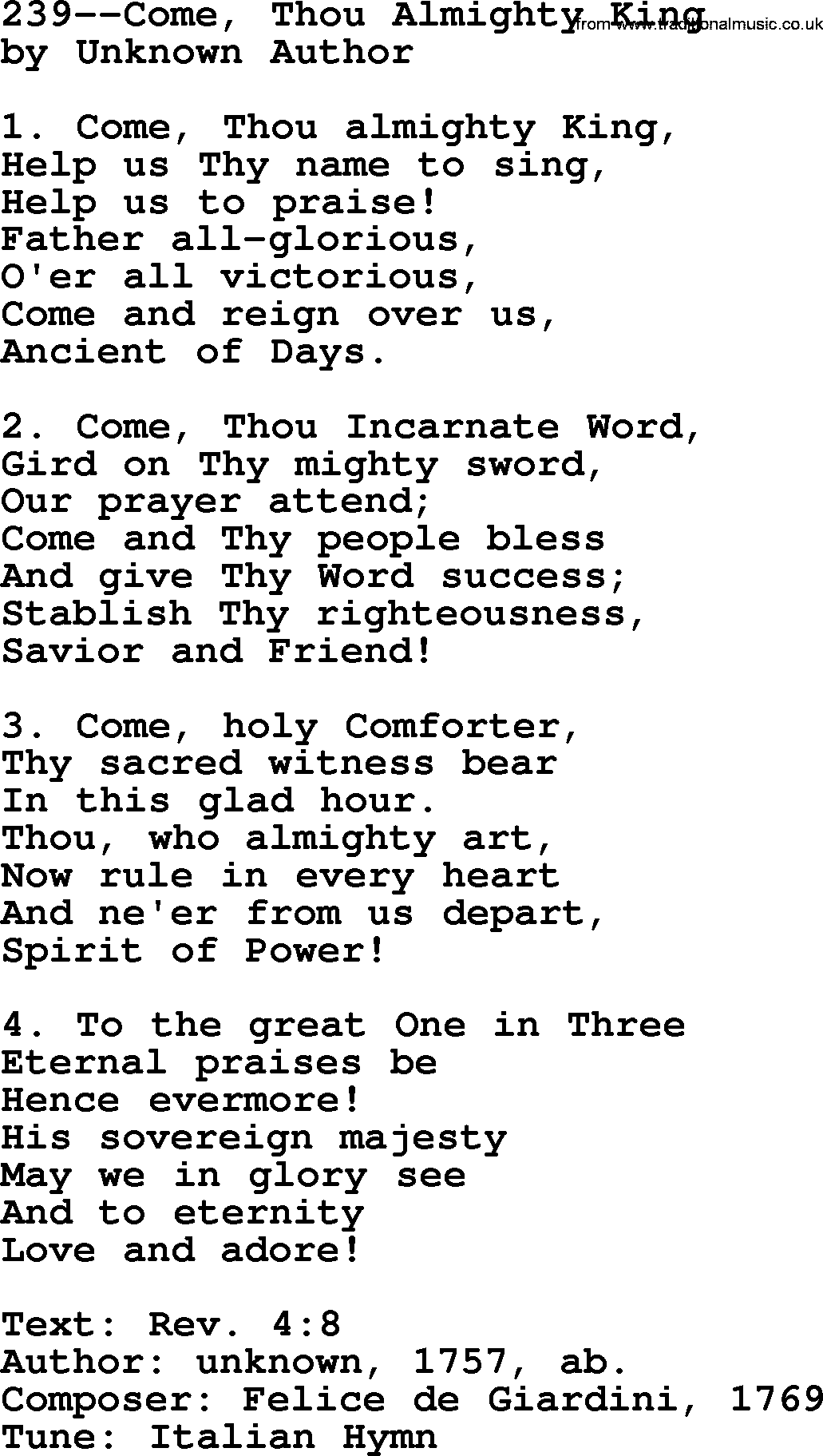 Lutheran Hymn: 239--Come, Thou Almighty King.txt lyrics with PDF