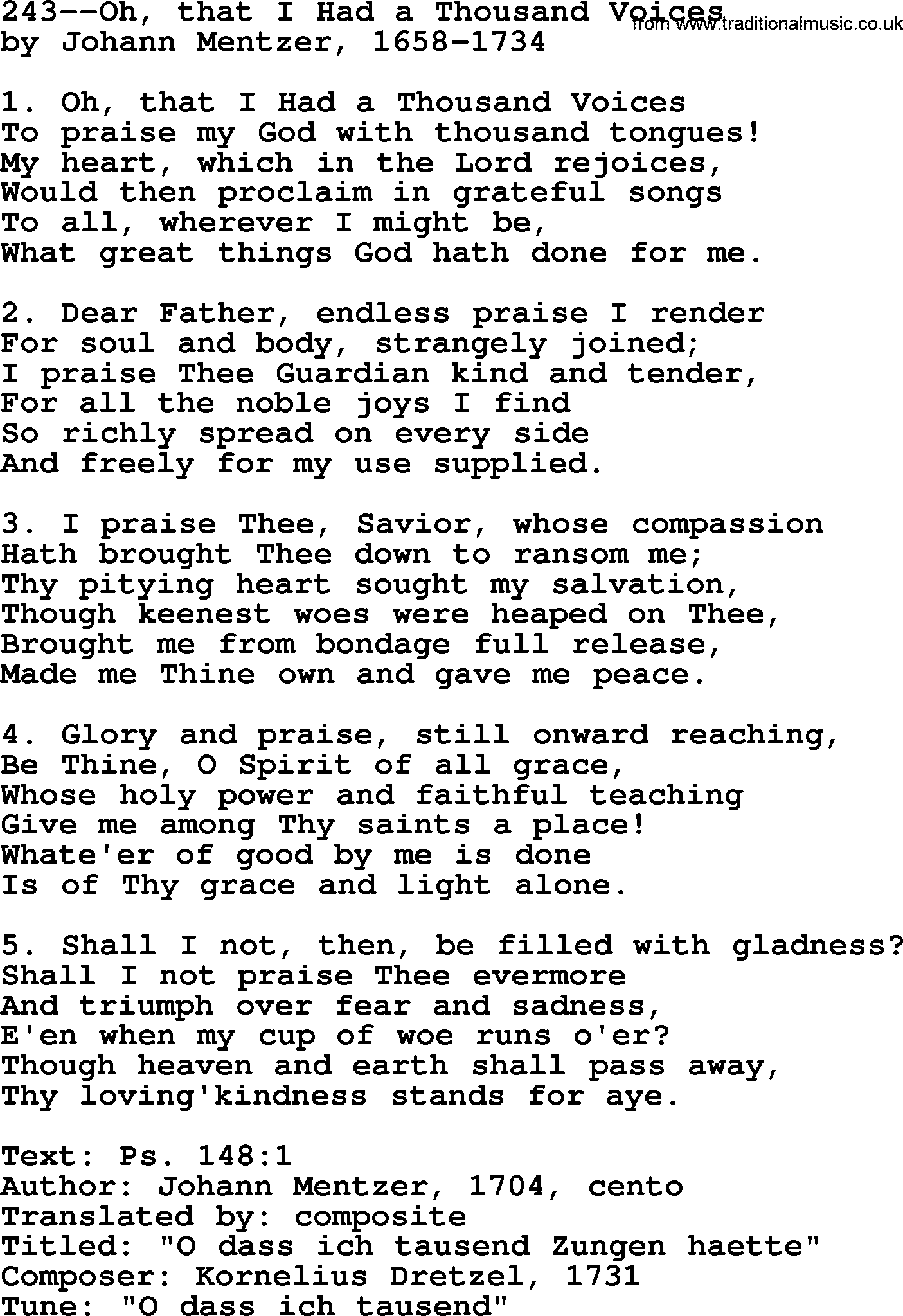 Lutheran Hymn: 243--Oh, that I Had a Thousand Voices.txt lyrics with PDF