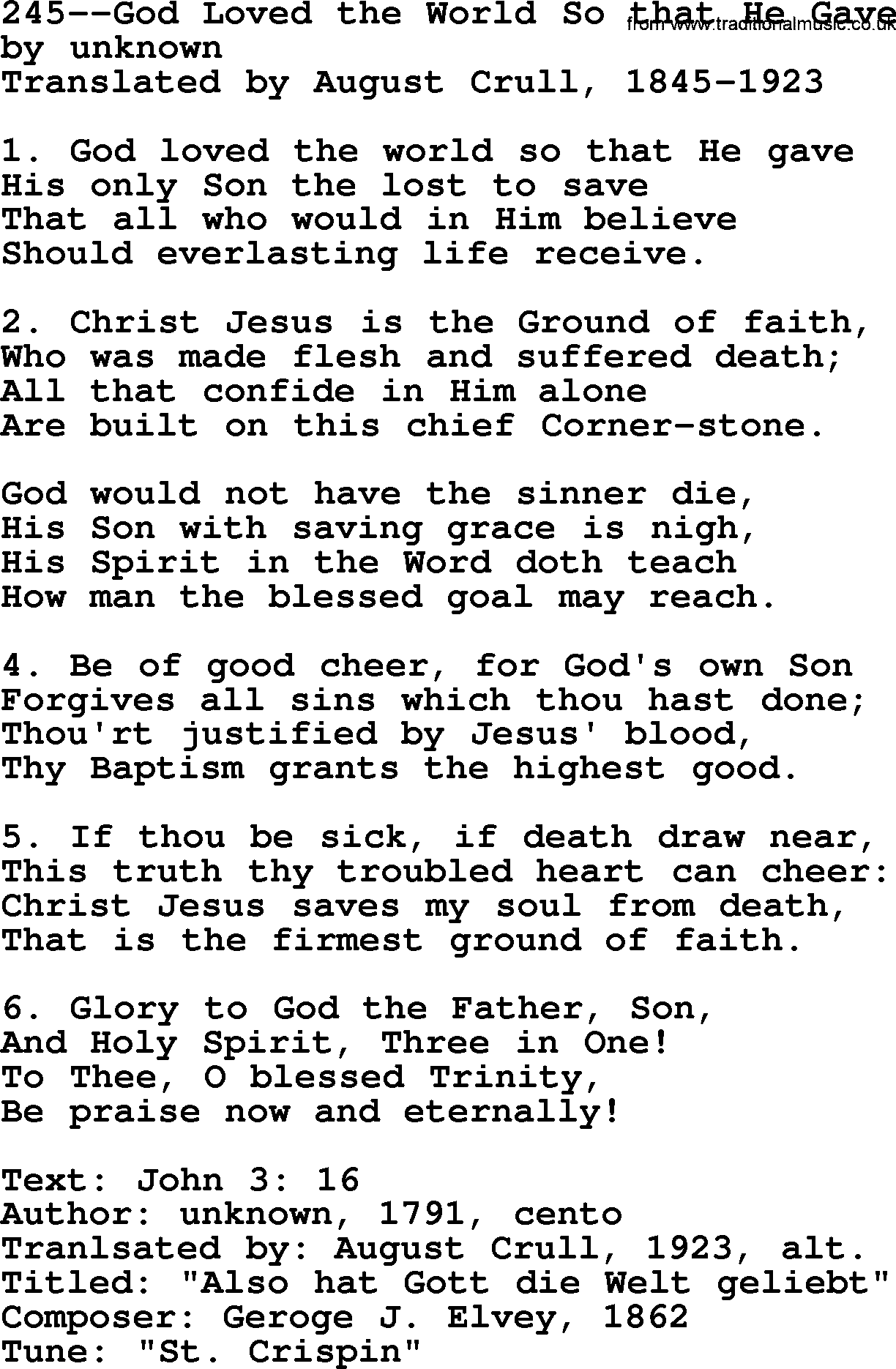 Lutheran Hymn: 245--God Loved the World So that He Gave.txt lyrics with PDF