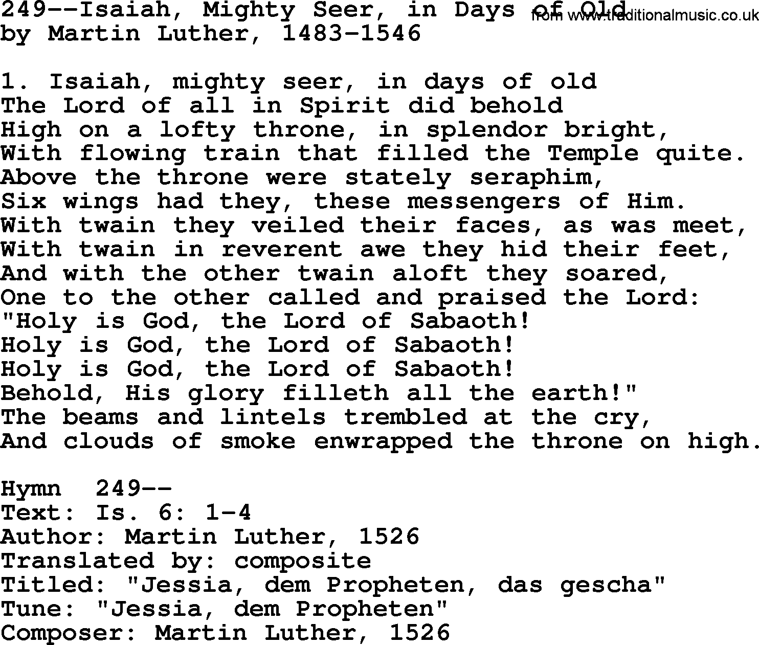 Lutheran Hymn: 249--Isaiah, Mighty Seer, in Days of Old.txt lyrics with PDF