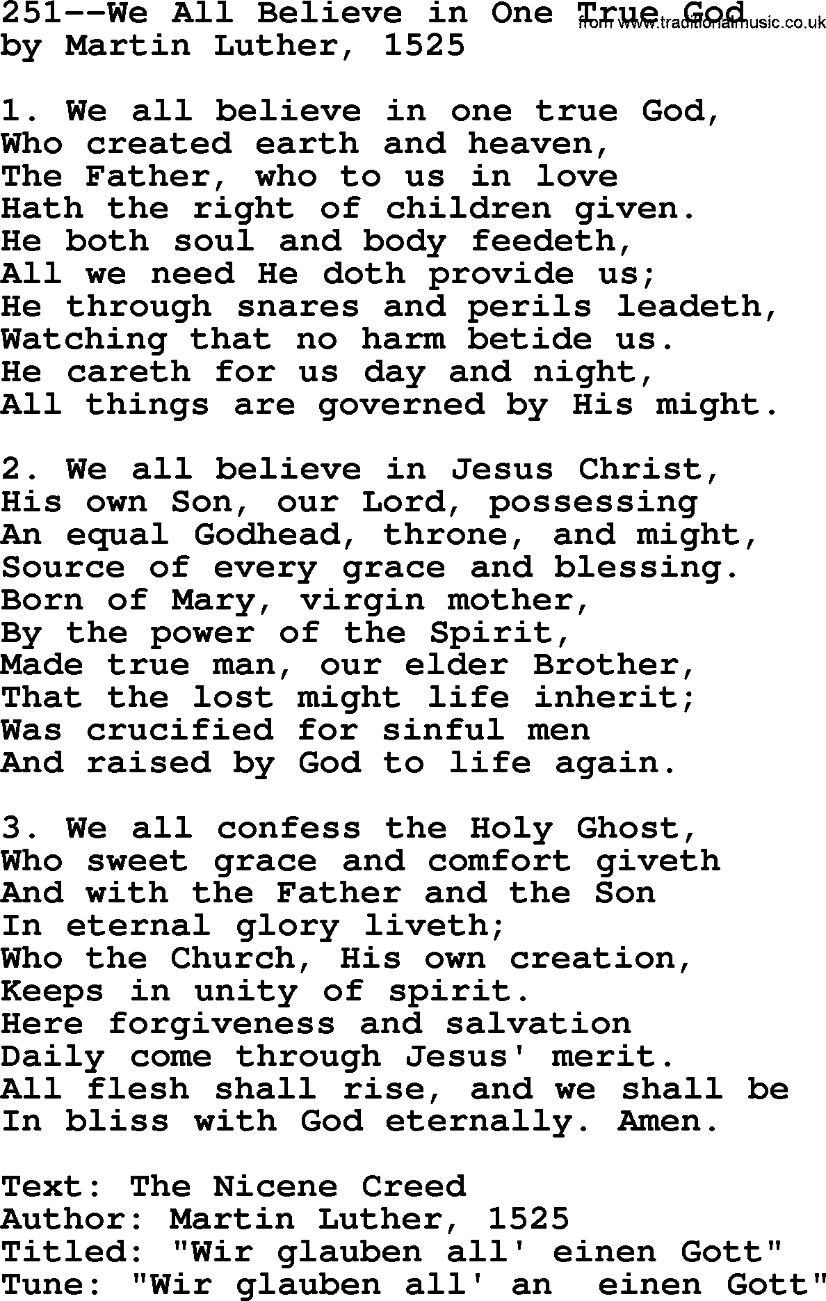 Lutheran Hymn: 251--We All Believe in One True God.txt lyrics with PDF