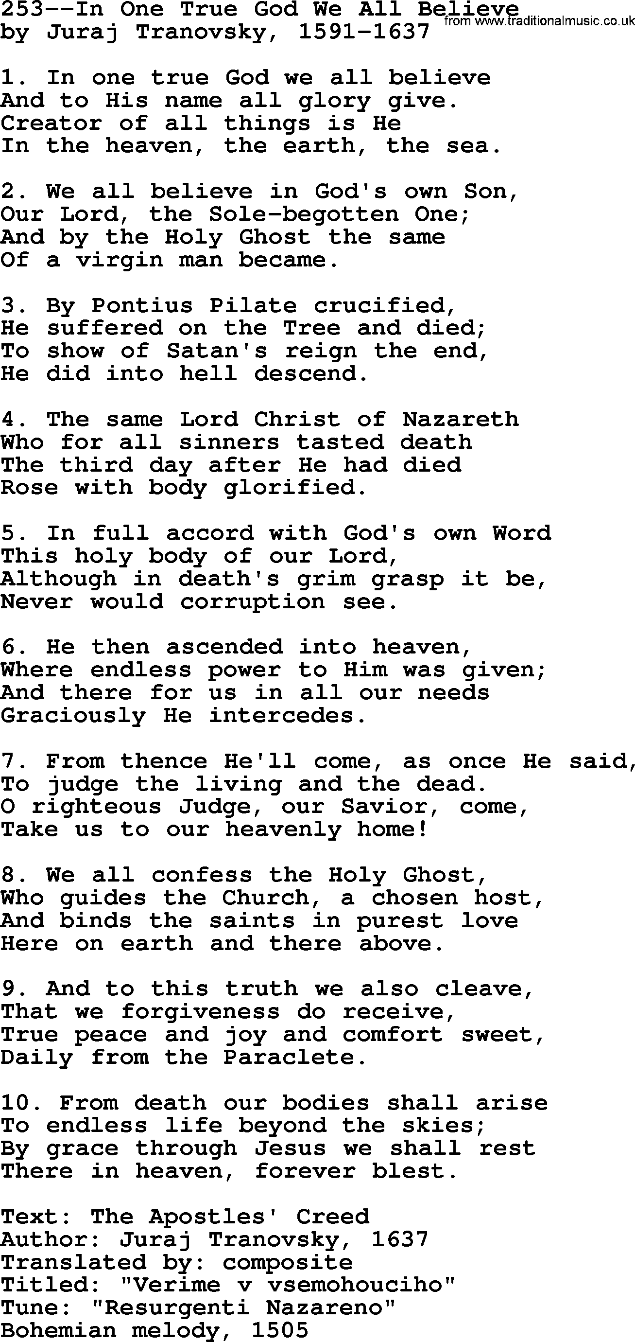 Lutheran Hymn: 253--In One True God We All Believe.txt lyrics with PDF