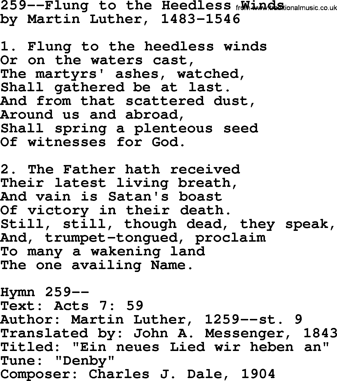 Lutheran Hymn: 259--Flung to the Heedless Winds.txt lyrics with PDF