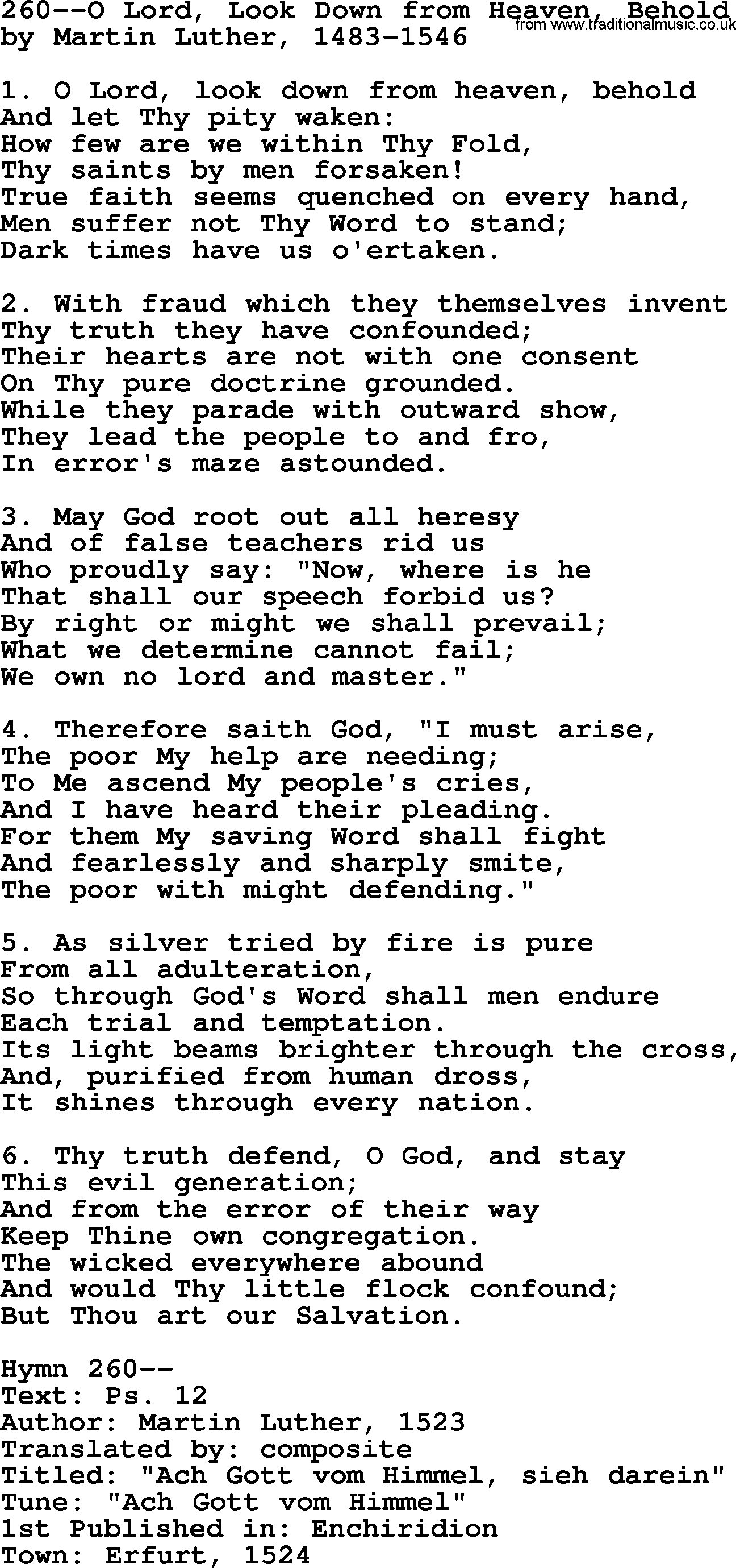 Lutheran Hymn: 260--O Lord, Look Down from Heaven, Behold.txt lyrics with PDF