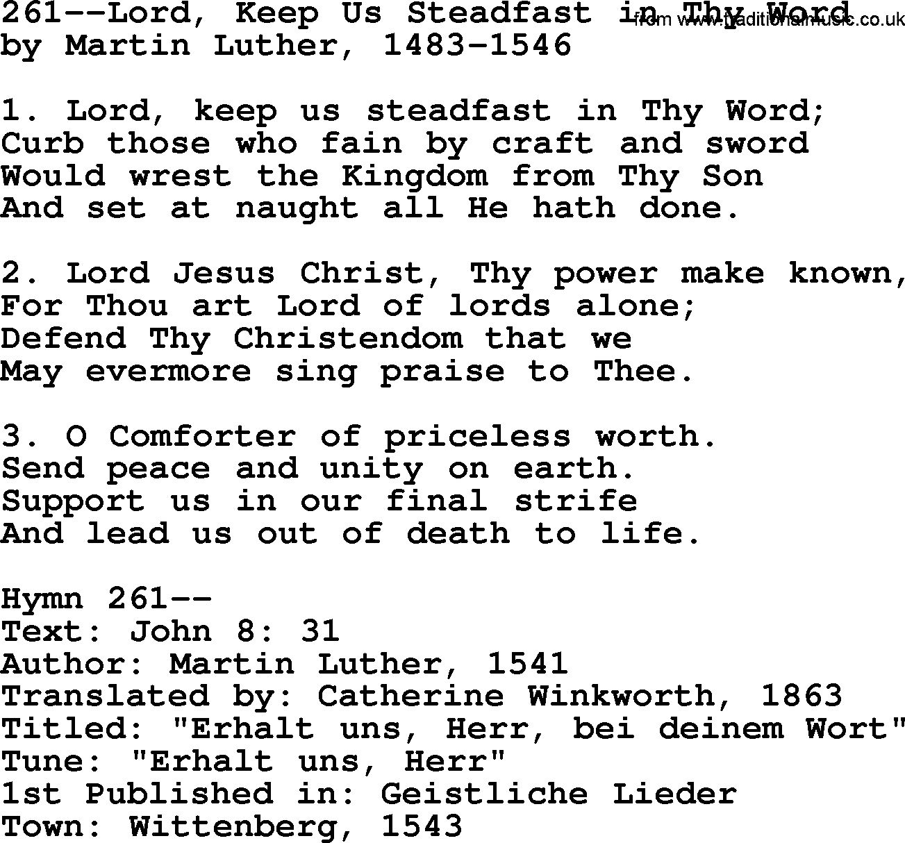 Lutheran Hymn: 261--Lord, Keep Us Steadfast in Thy Word.txt lyrics with PDF