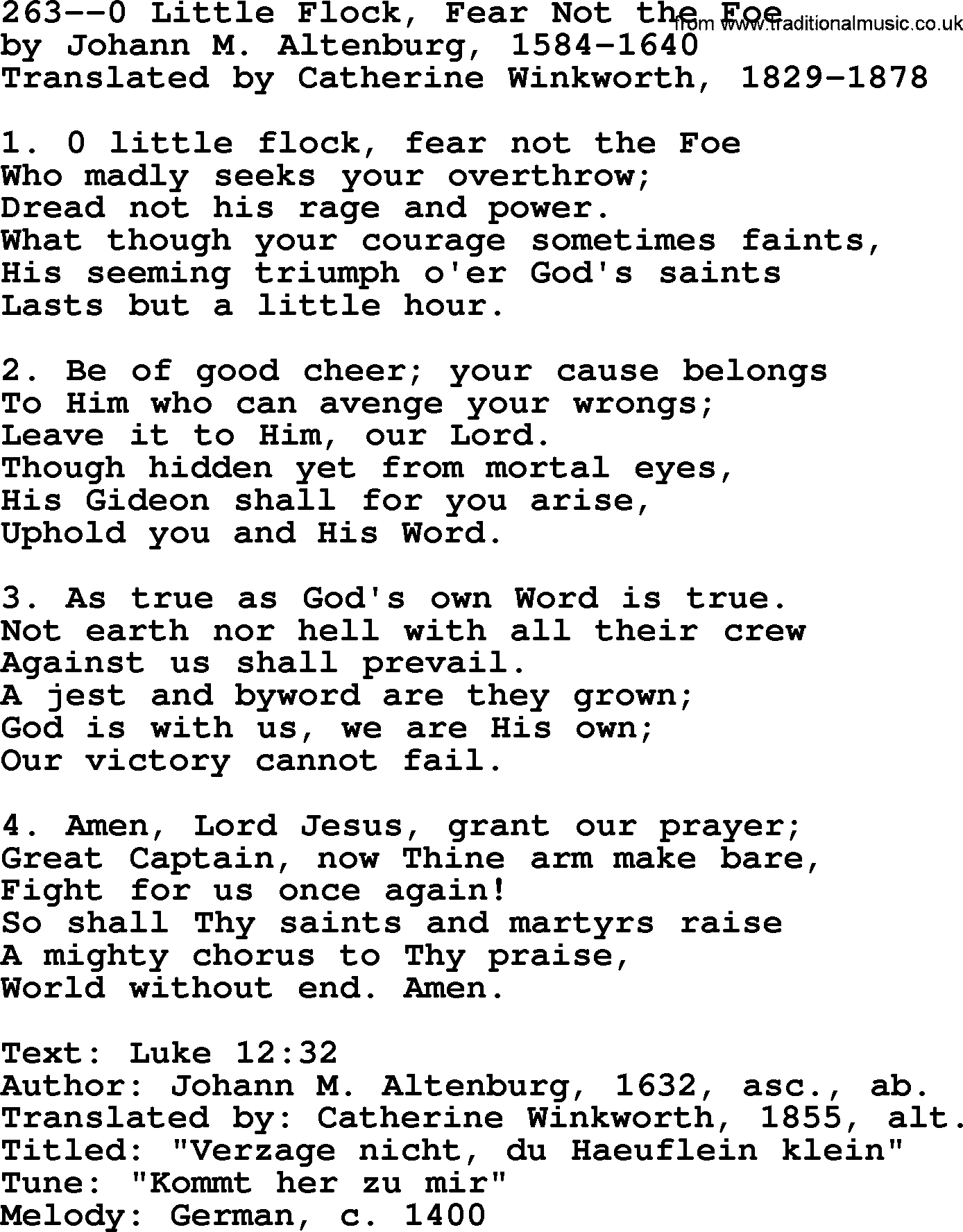 Lutheran Hymn: 263--0 Little Flock, Fear Not the Foe.txt lyrics with PDF