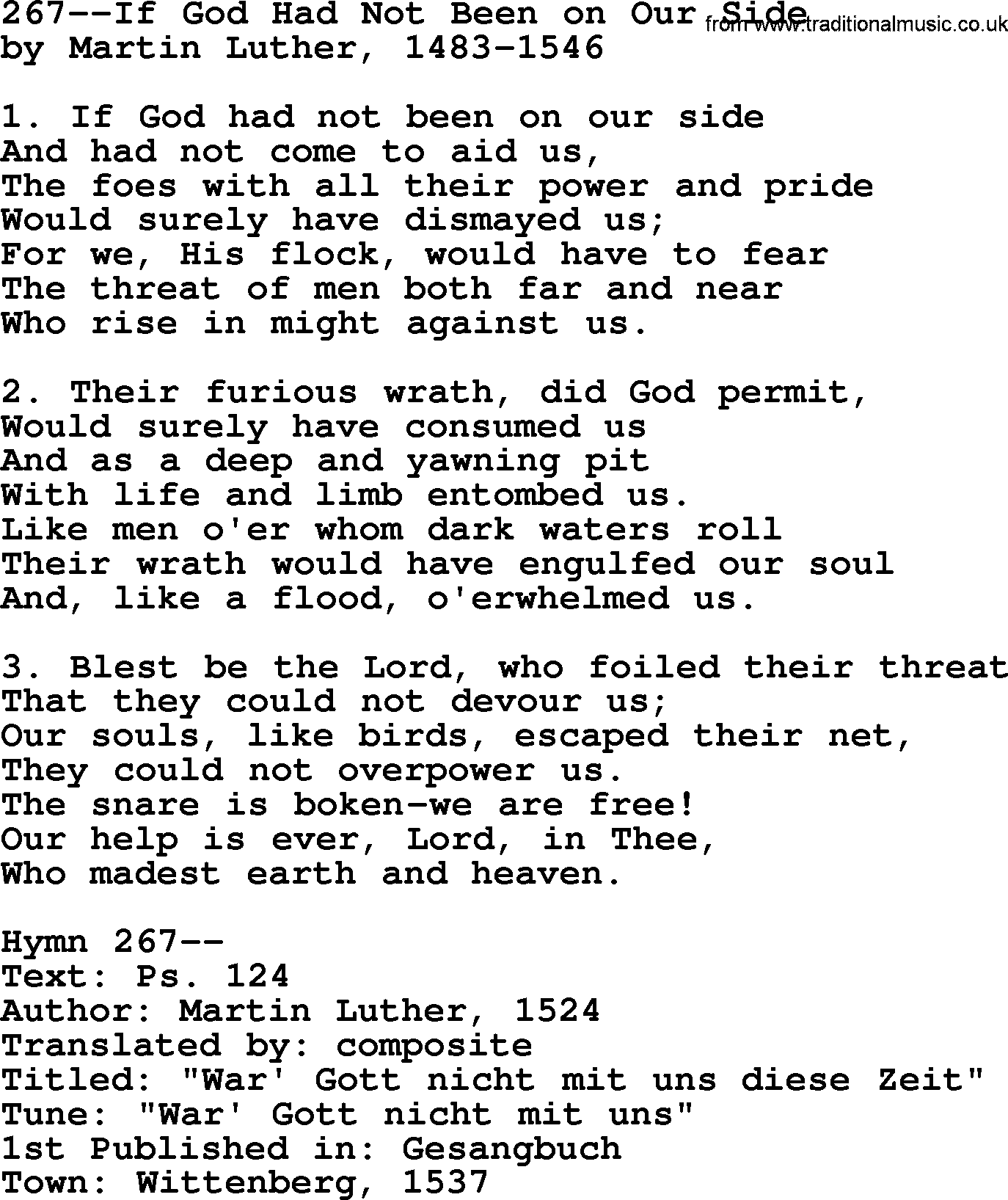 Lutheran Hymn: 267--If God Had Not Been on Our Side.txt lyrics with PDF