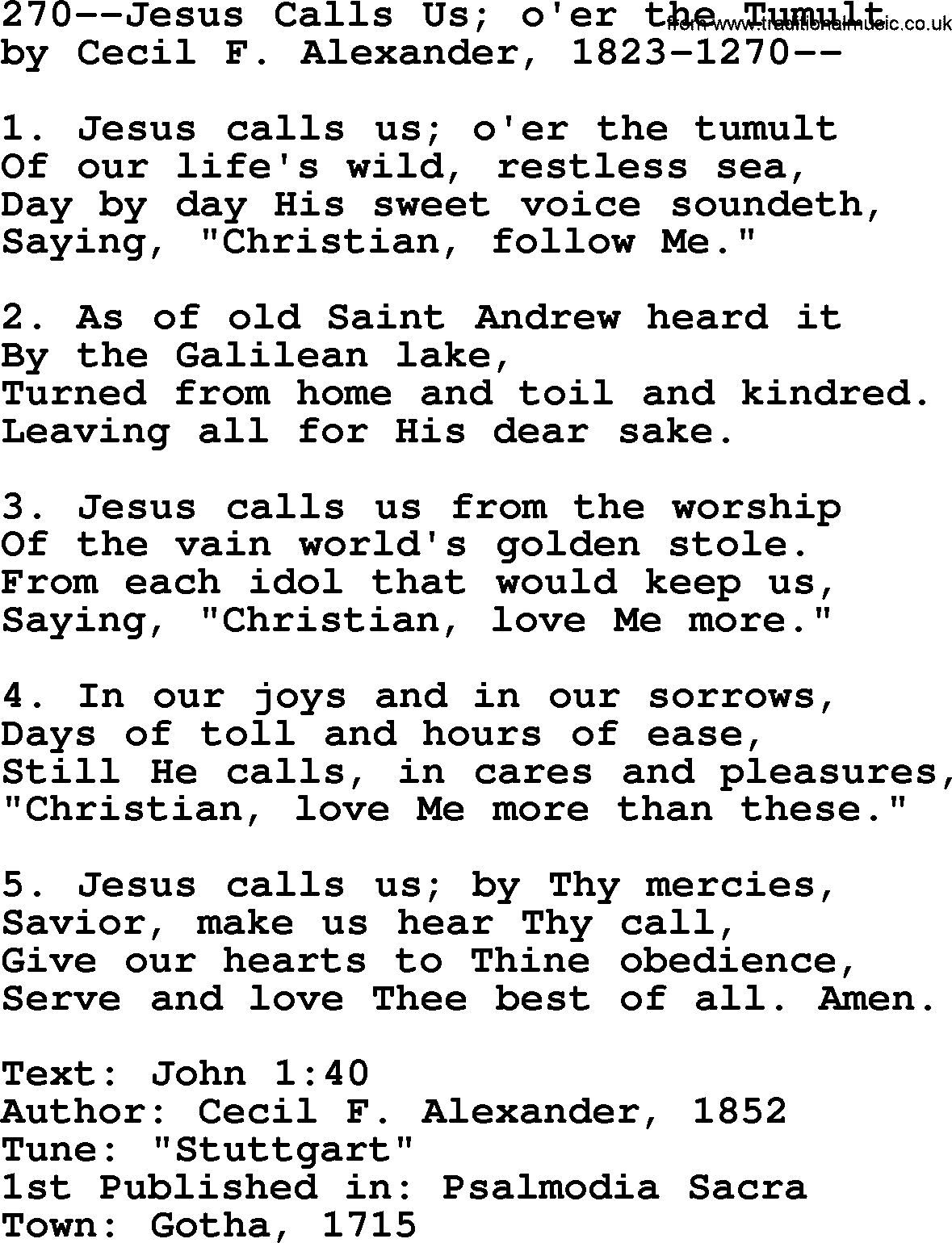 Lutheran Hymn: 270--Jesus Calls Us; o'er the Tumult.txt lyrics with PDF