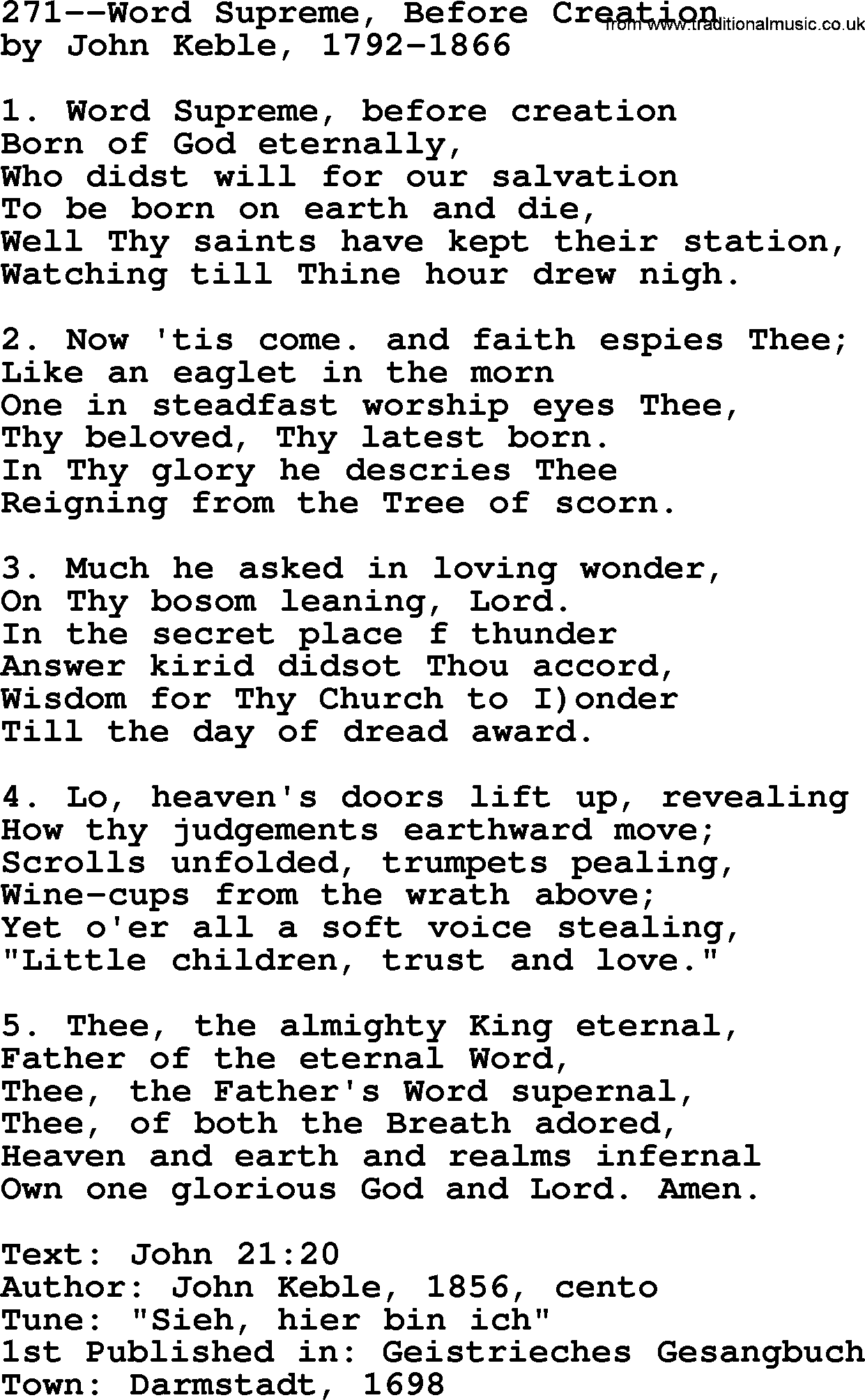 Lutheran Hymn: 271--Word Supreme, Before Creation.txt lyrics with PDF