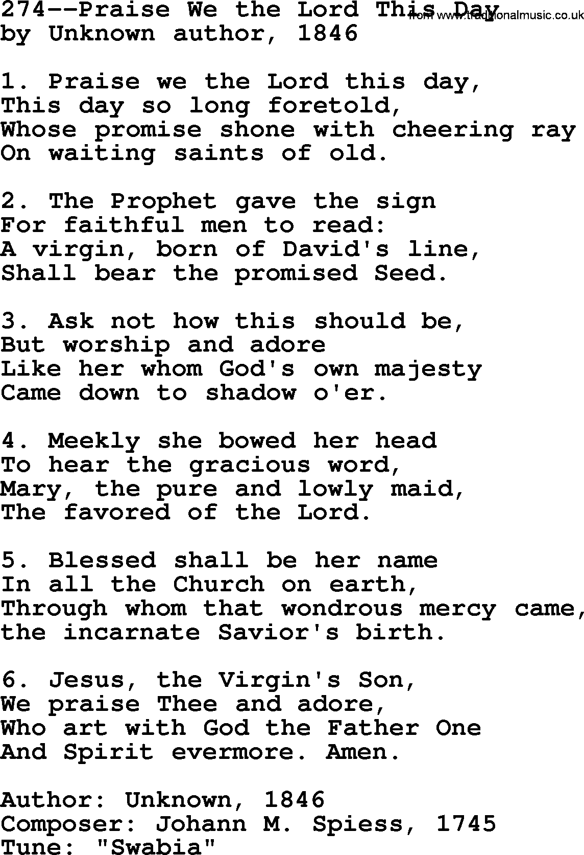 Lutheran Hymn: 274--Praise We the Lord This Day.txt lyrics with PDF