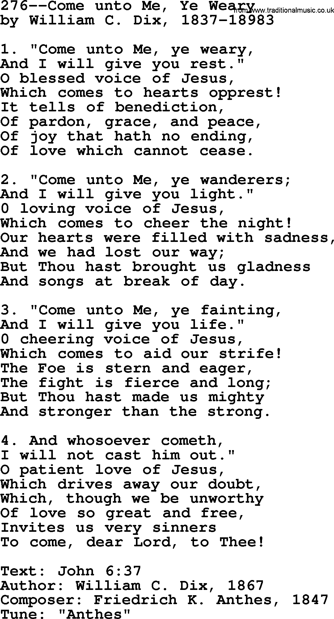 Lutheran Hymn: 276--Come unto Me, Ye Weary.txt lyrics with PDF