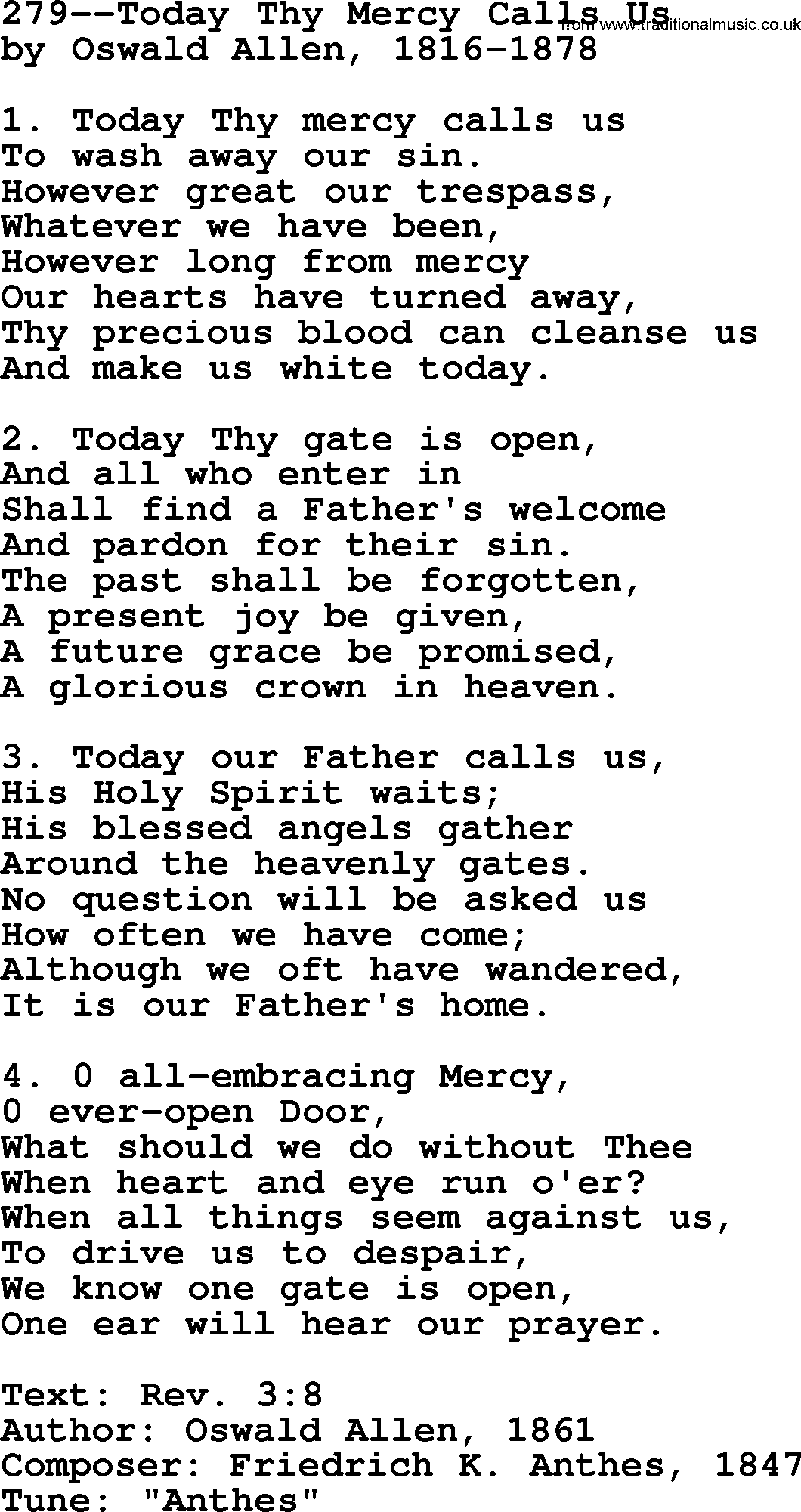 Lutheran Hymn: 279--Today Thy Mercy Calls Us.txt lyrics with PDF