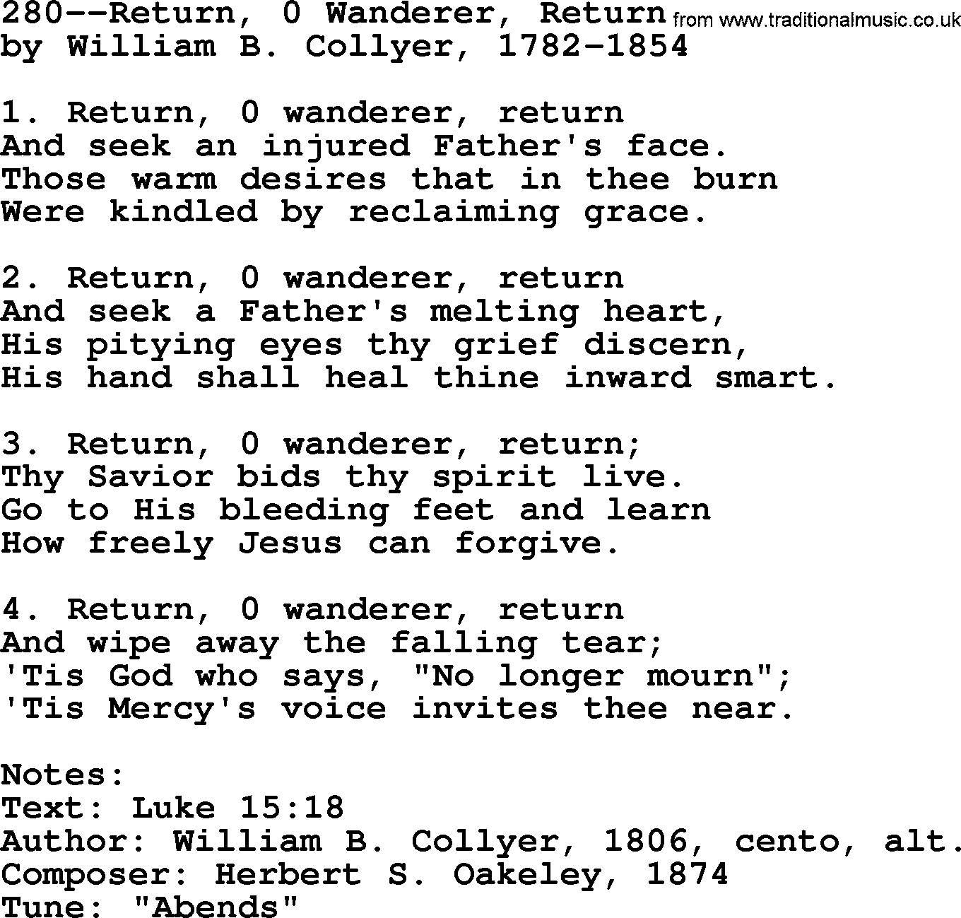 Lutheran Hymn: 280--Return, 0 Wanderer, Return.txt lyrics with PDF
