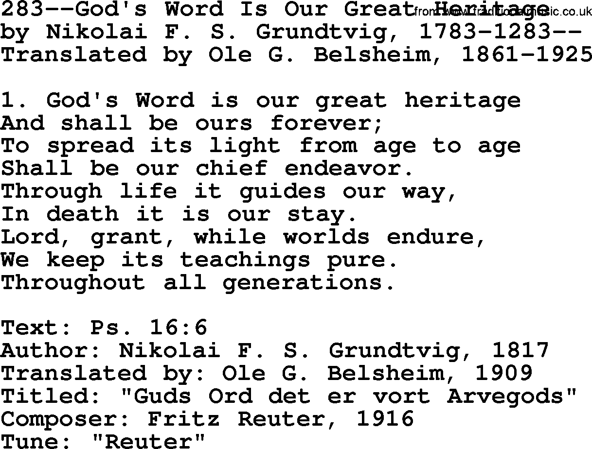 Lutheran Hymn: 283--God's Word Is Our Great Heritage.txt lyrics with PDF