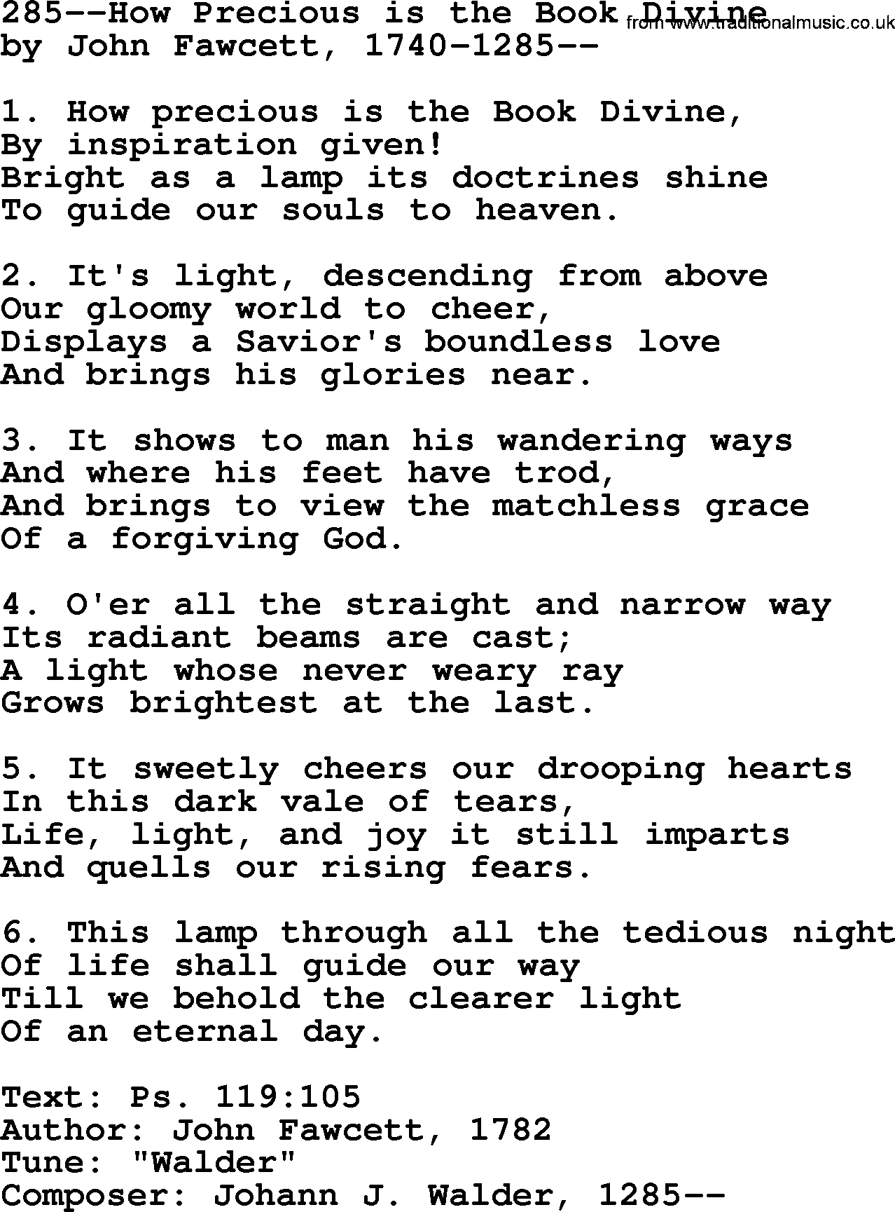 Lutheran Hymn: 285--How Precious is the Book Divine.txt lyrics with PDF